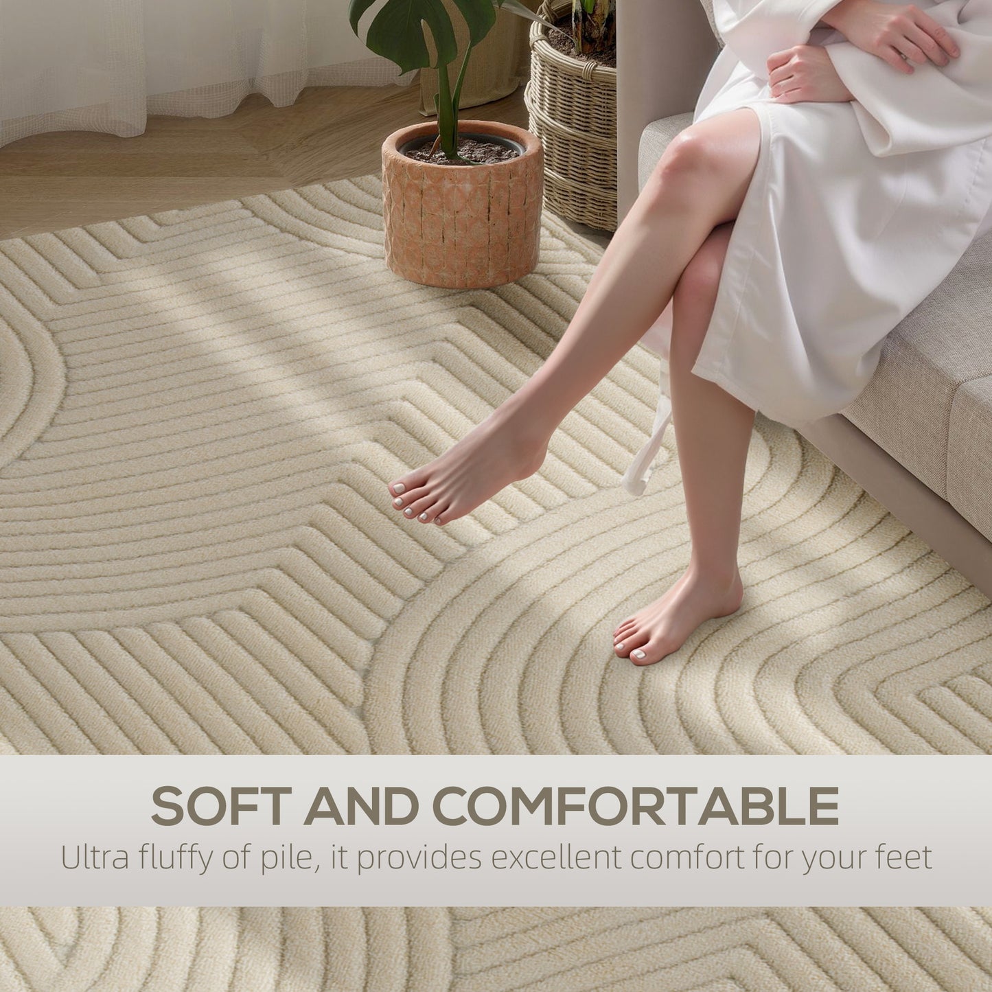 HOMCOM Modern Geometric Rug 160 x 120 cm Cream Thick Plush Non Slip Backing For Living Room Bedroom Office