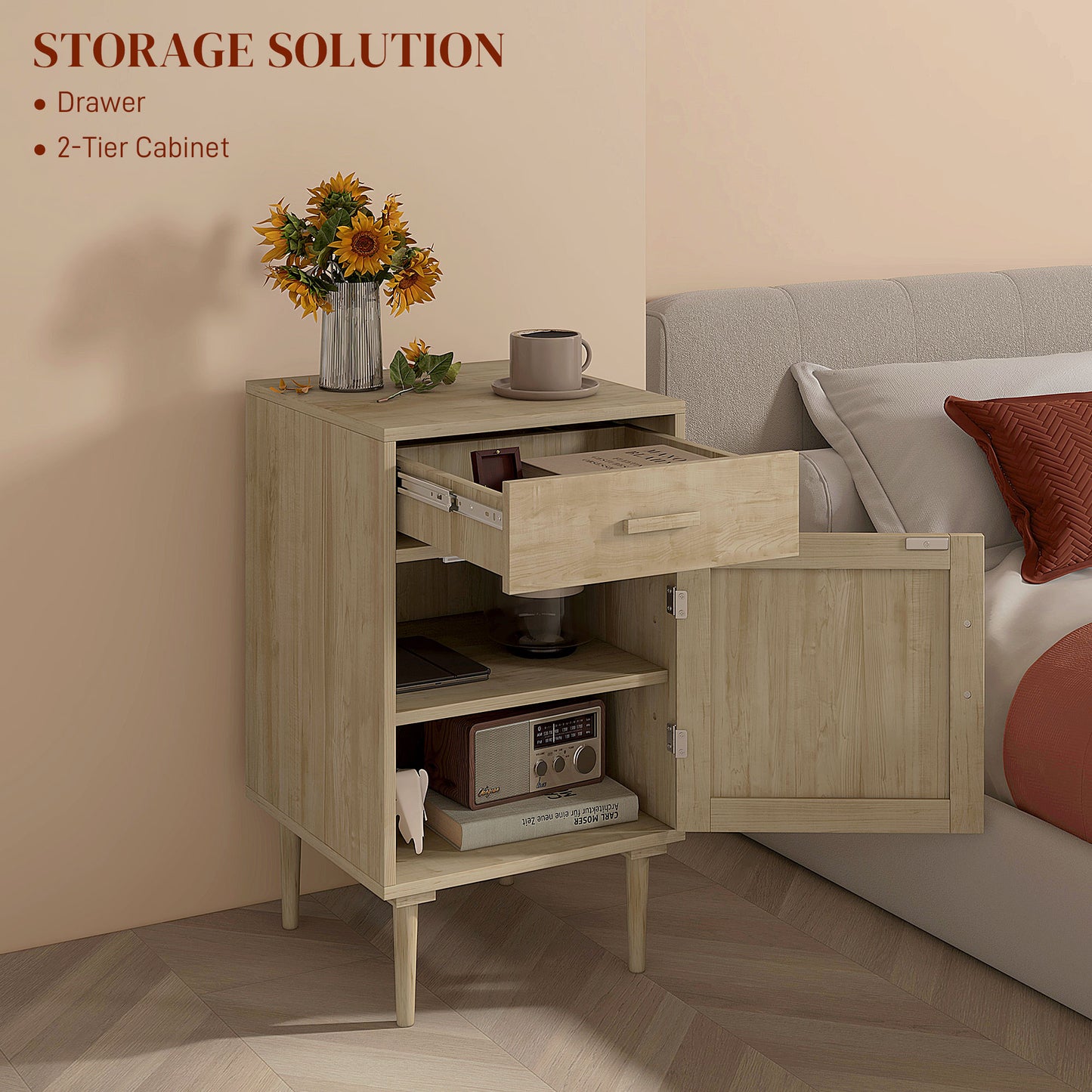 HOMCOM Two Bedside Tables Rattan With Drawer And Cabinet Adjustable Shelf Storage For Bedroom Living Room