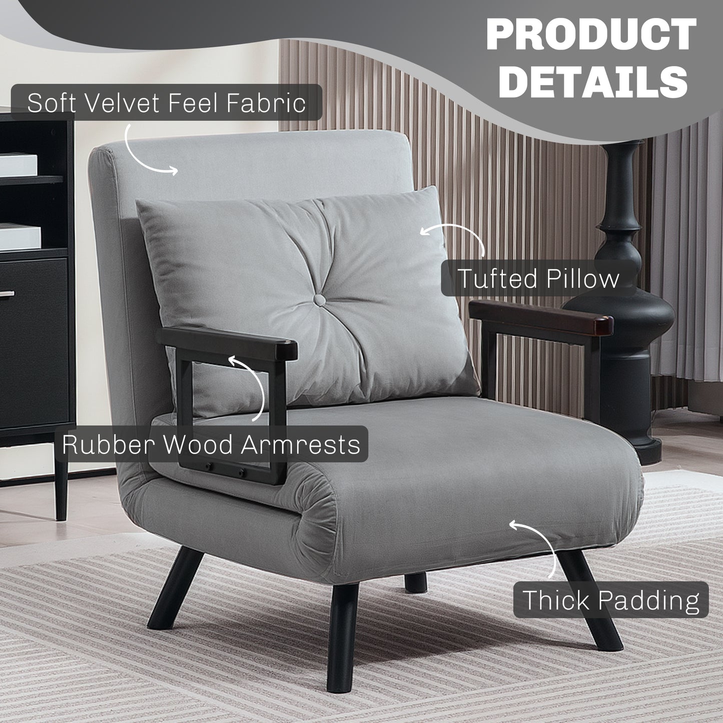 HOMCOM Four In One Velvet Feel Folding Chair Bed With Pillow Adjustable Backrest Steel Frame Light Grey