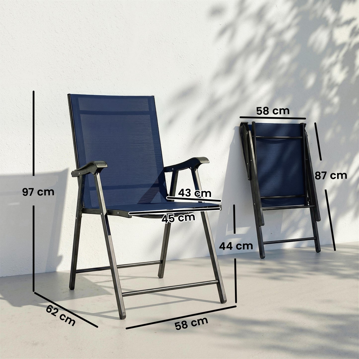 Outsunny Folding Garden Chairs Set of 4 Navy Blue High Back With Armrests Texteline Seat
