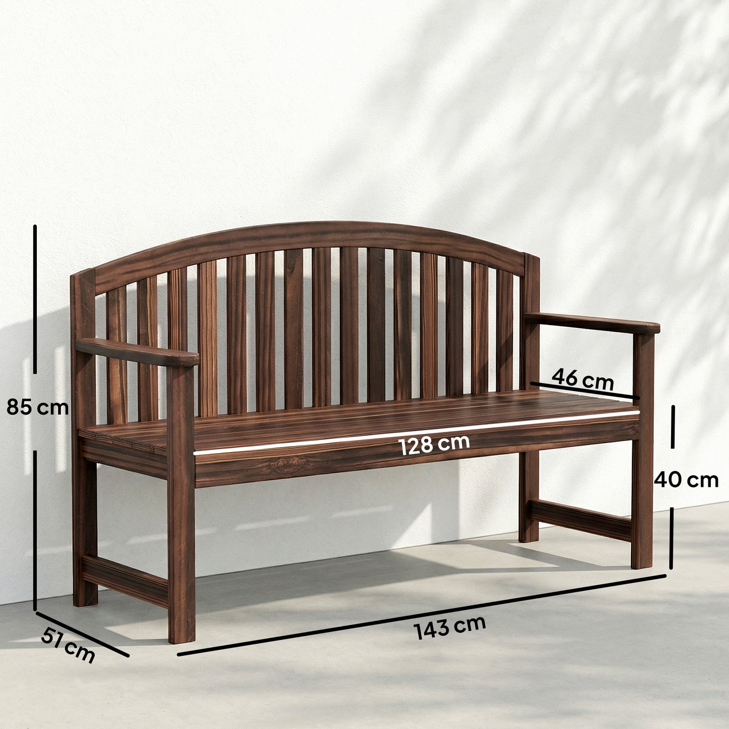 Outsunny Two Seater Wooden Garden Bench With Armrests For Outdoor Patio Park Balcony Carbonised Finish