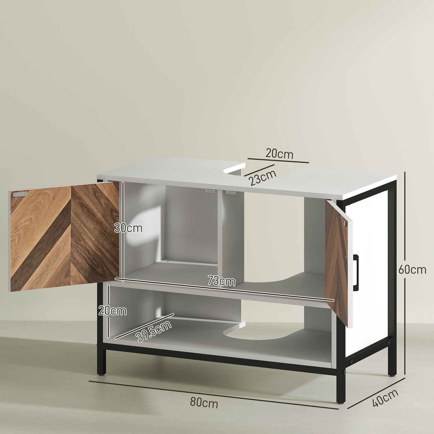 HOMCOM Rustic Under Sink Cabinet With Herringbone Doors Open Compartment For Basin Cream White 80x40x60cm