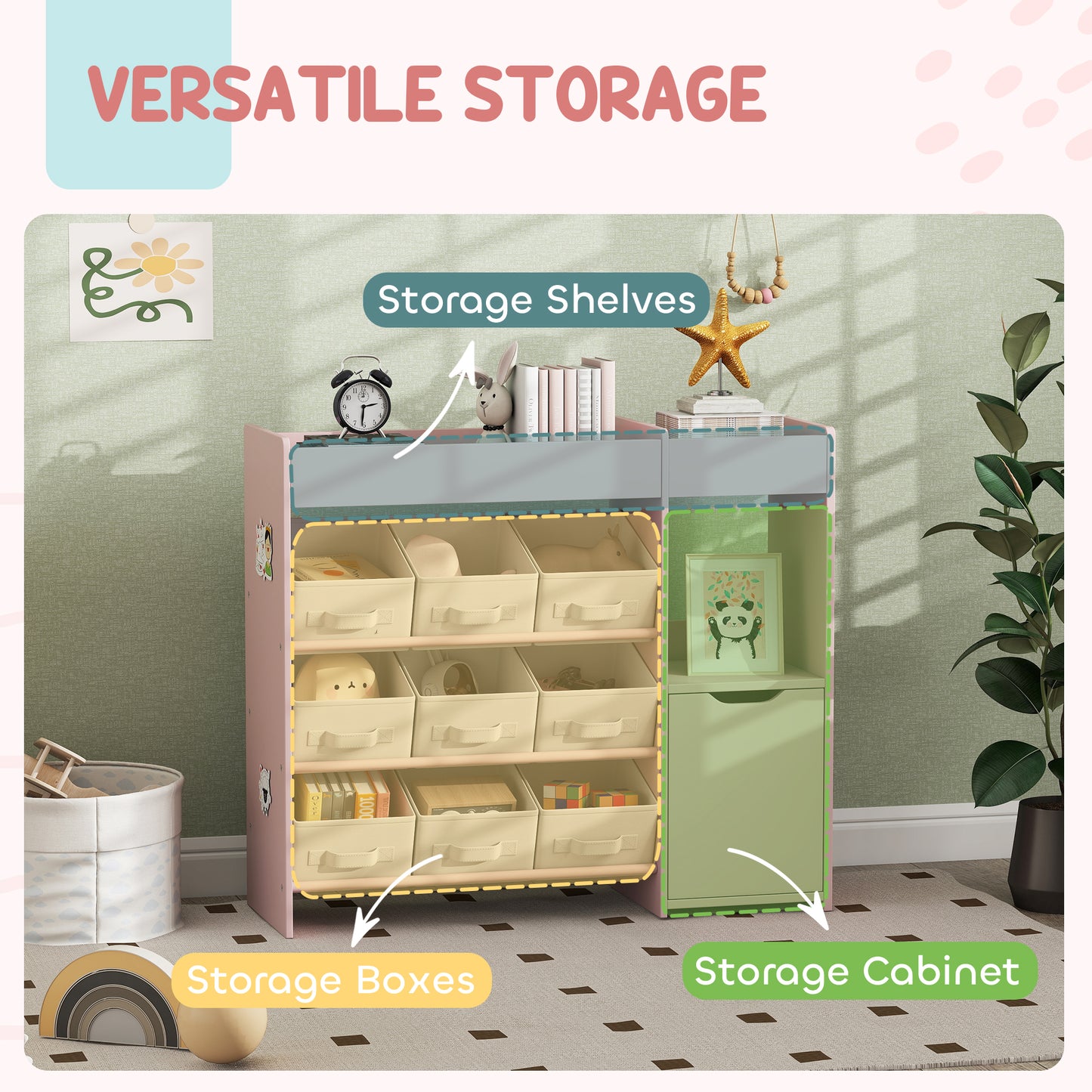 AIYAPLAY Kids Toy Storage With 9 Removable Fabric Bins Wooden Storage Unit For Toys And Books Pink Nursery Bedroom