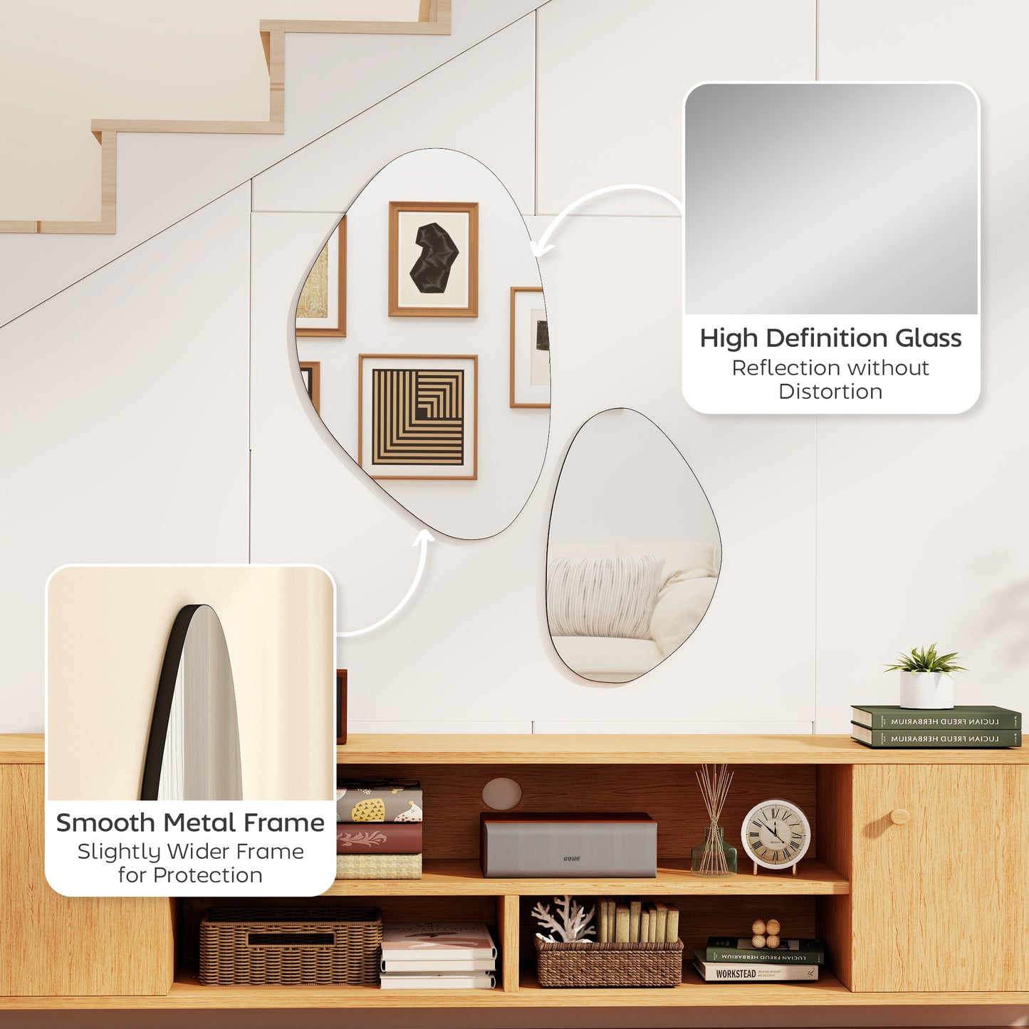 HOMCOM Pebble Shaped Wall Mirror Set Of 2 In Black With Metal Frame And MDF Construction