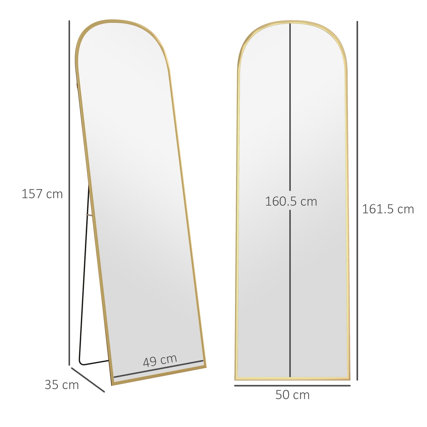 HOMCOM 162cm Aluminium Frame Standing Mirror Gold Two Way Design For Wall Mount Or Freestanding Back Leg