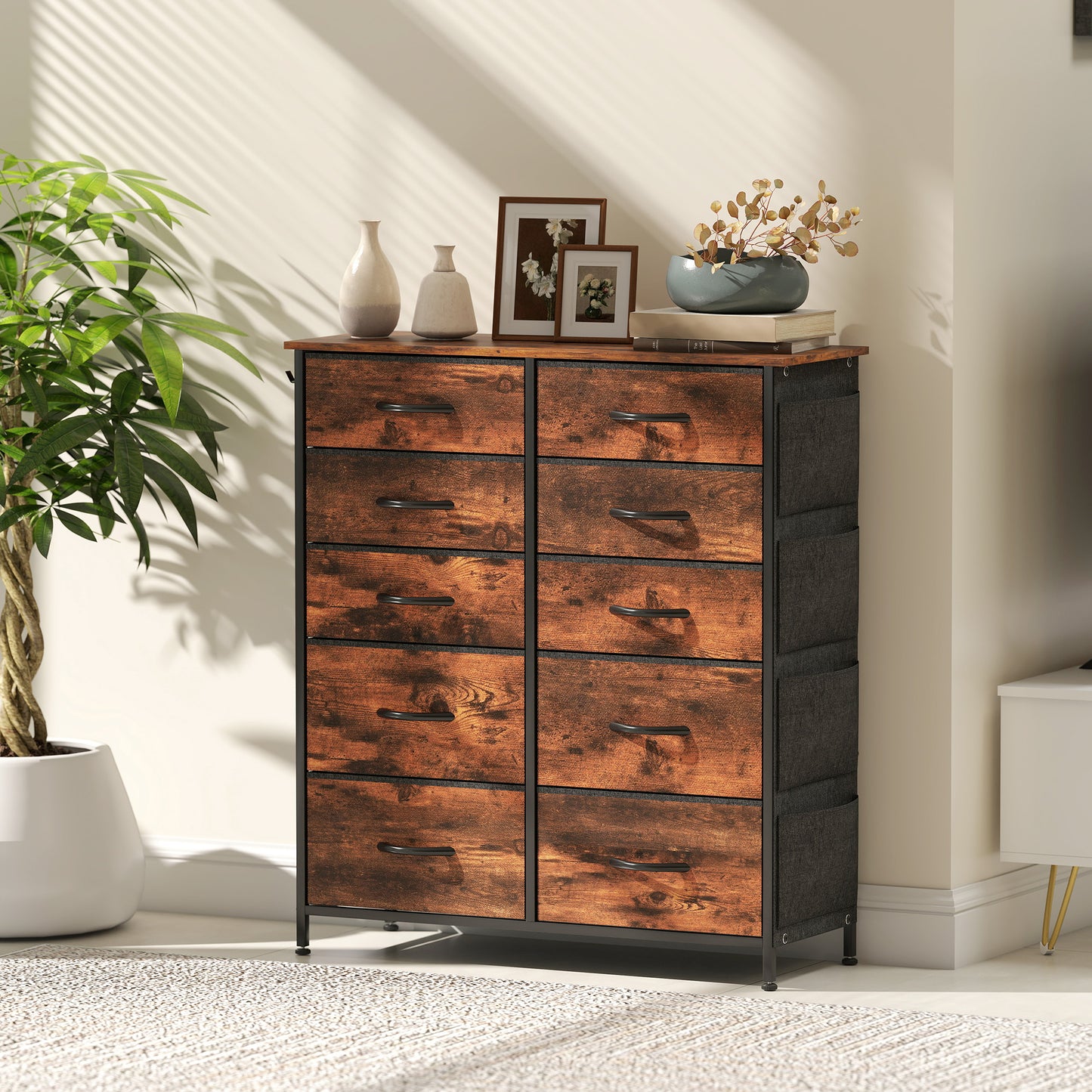 HOMCOM Chest Of Ten Fabric Drawers Rustic Brown With Steel Frame Six Small And Four Large Drawers