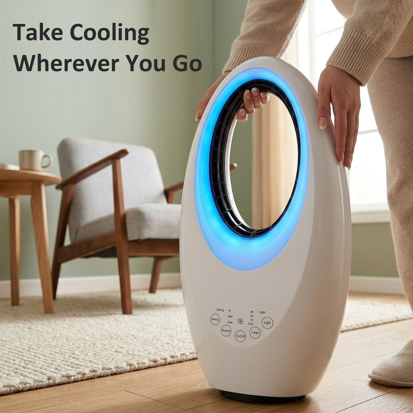 HOMCOM Bladeless Tower Fan Quiet 36dB With 60 Degree Oscillation LED Lights 3 Speeds 7.5H Timer Remote Control