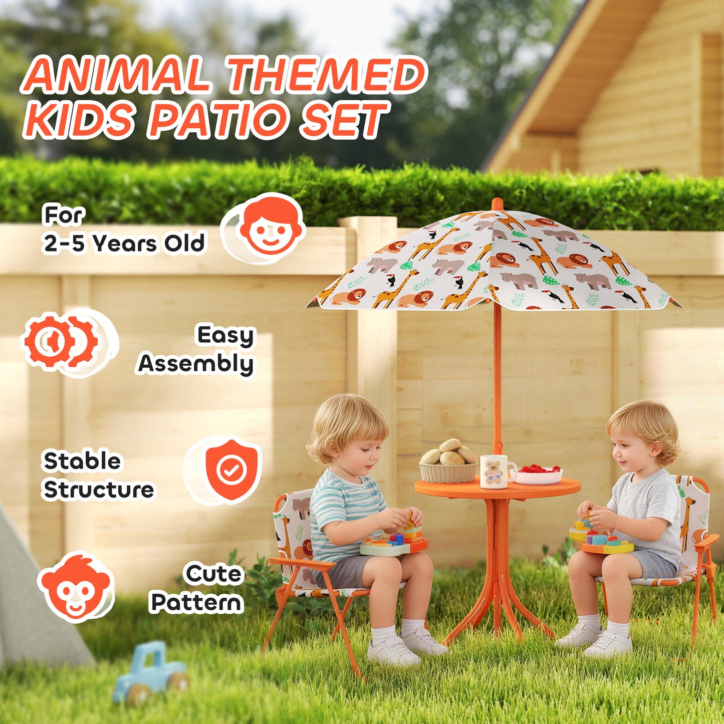 AIYAPLAY Kids Picnic Table Set With 2 Folding Chairs And Umbrella Orange Outdoor Table And Chair Set For Children