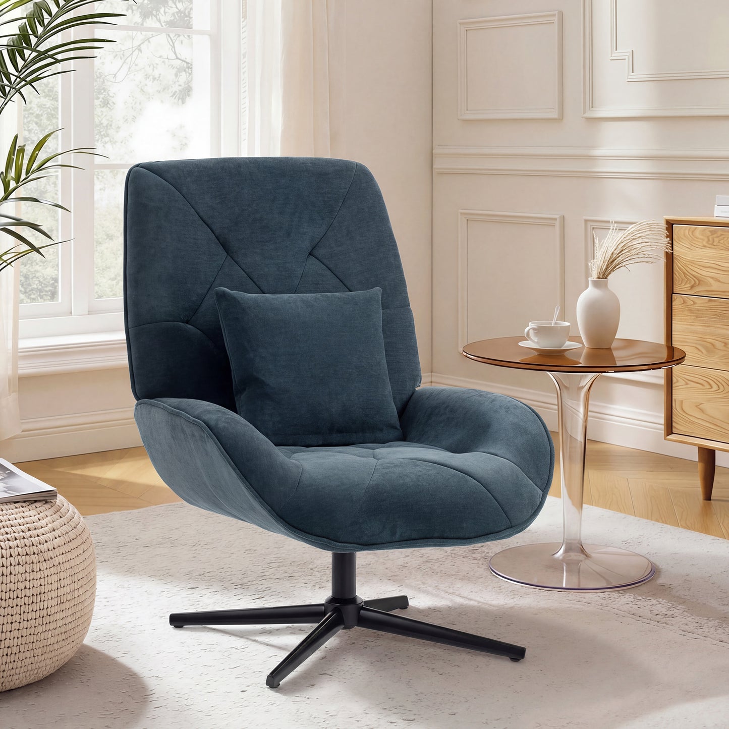 HOMCOM Accent Chair Chenille Upholstered Swivel Armchair With Lumbar Pillow High Back Deep Seat Dark Green Metal Legs