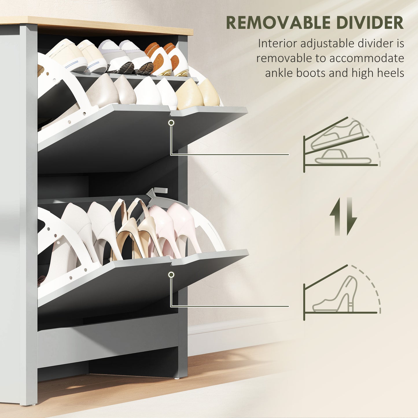 HOMCOM Slim Shoe Cabinet Narrow Shoe Cupboard With 2 Flip Drawers Adjustable Shelves For 12 Pairs Of Shoes Light Grey
