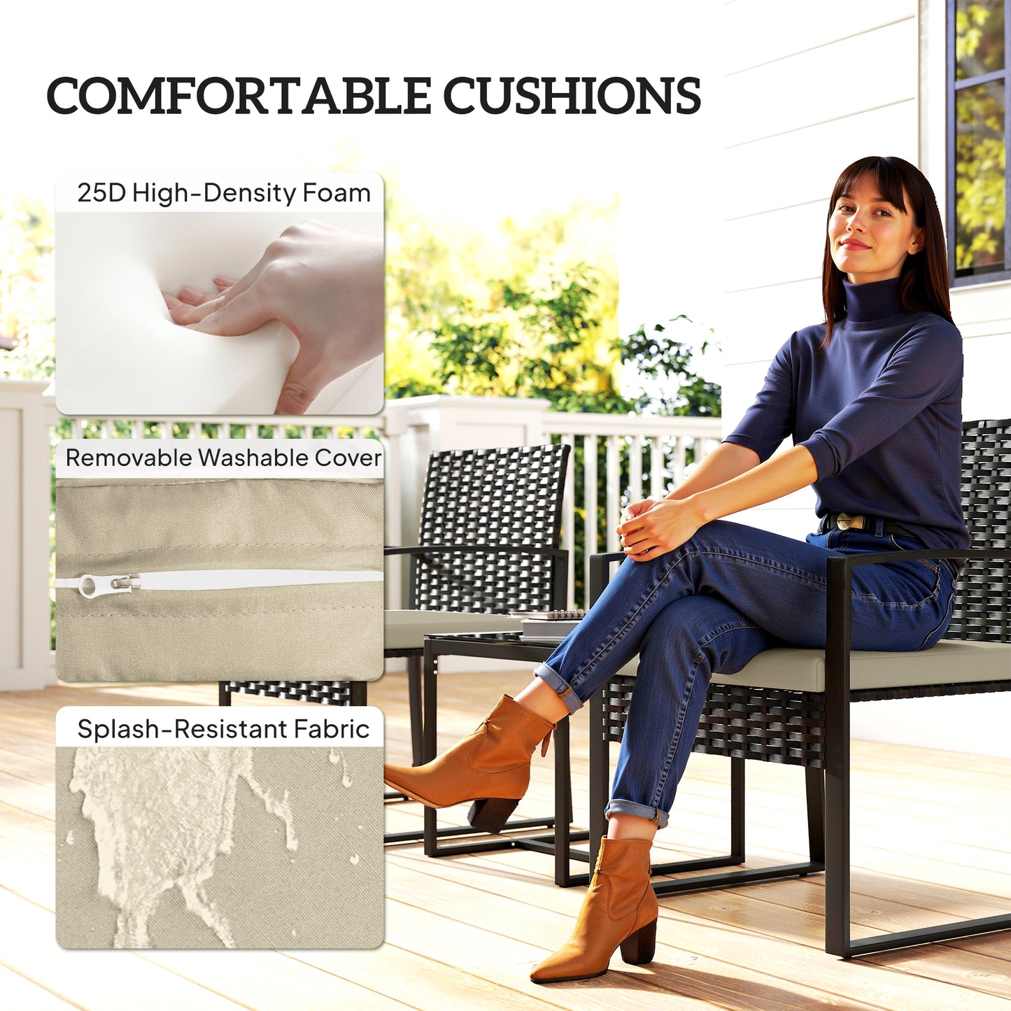 Outsunny Rattan Bistro Set 3 Piece Garden Furniture With Glass Top Table And Cushions Khaki