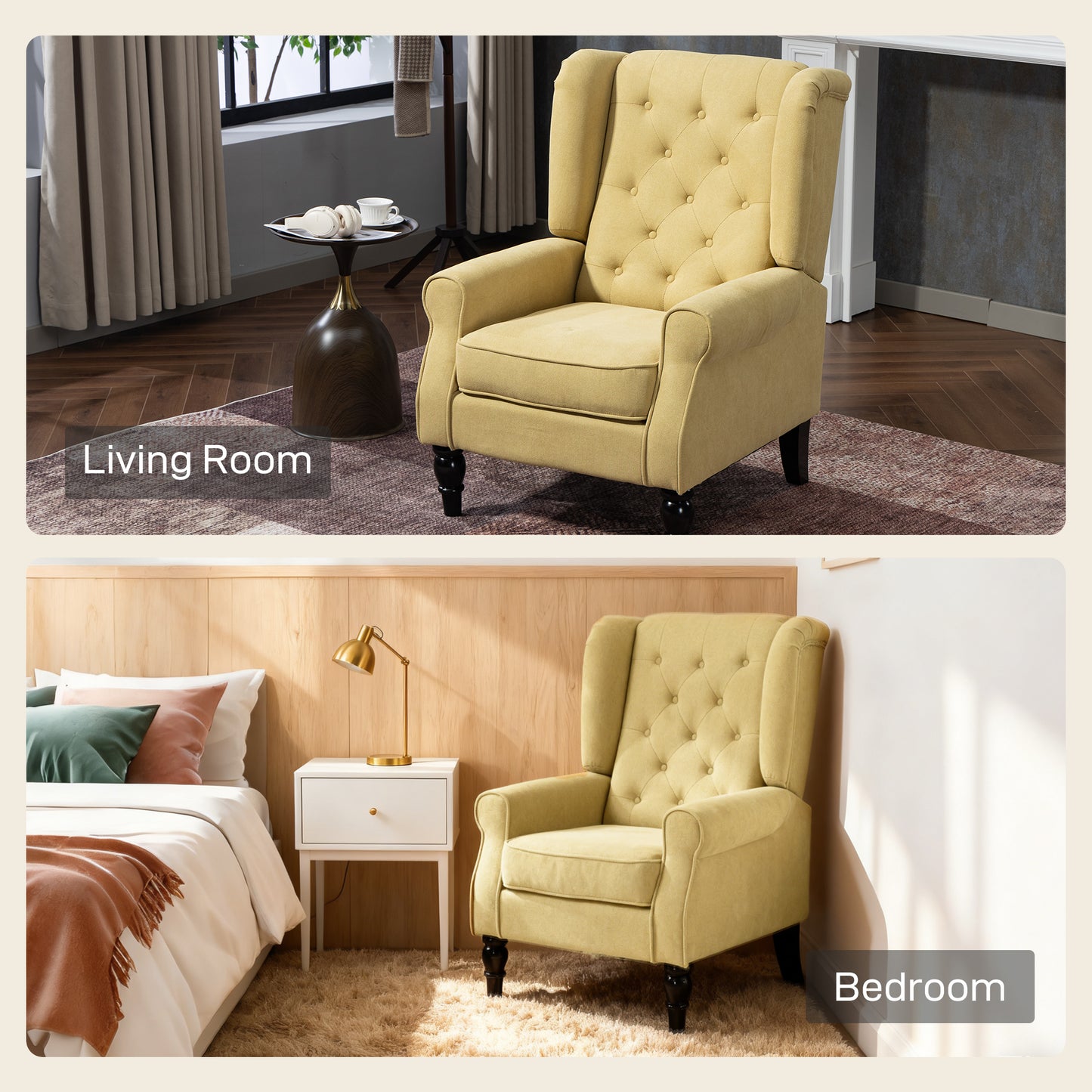 HOMCOM Wingback Accent Chair Retro Upholstered Button Tufted Occasional Chair For Living Room And Bedroom Yellow