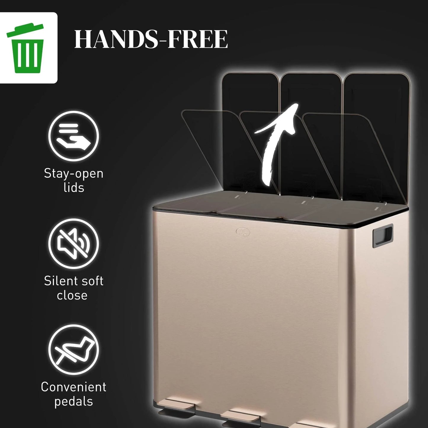 HOMCOM 45L Stainless Steel Triple Compartment Pedal Bin with Soft Close Lid and Removable Buckets - Fingerprint Resistant Gold Finish - ALL4U RETAILER LTD