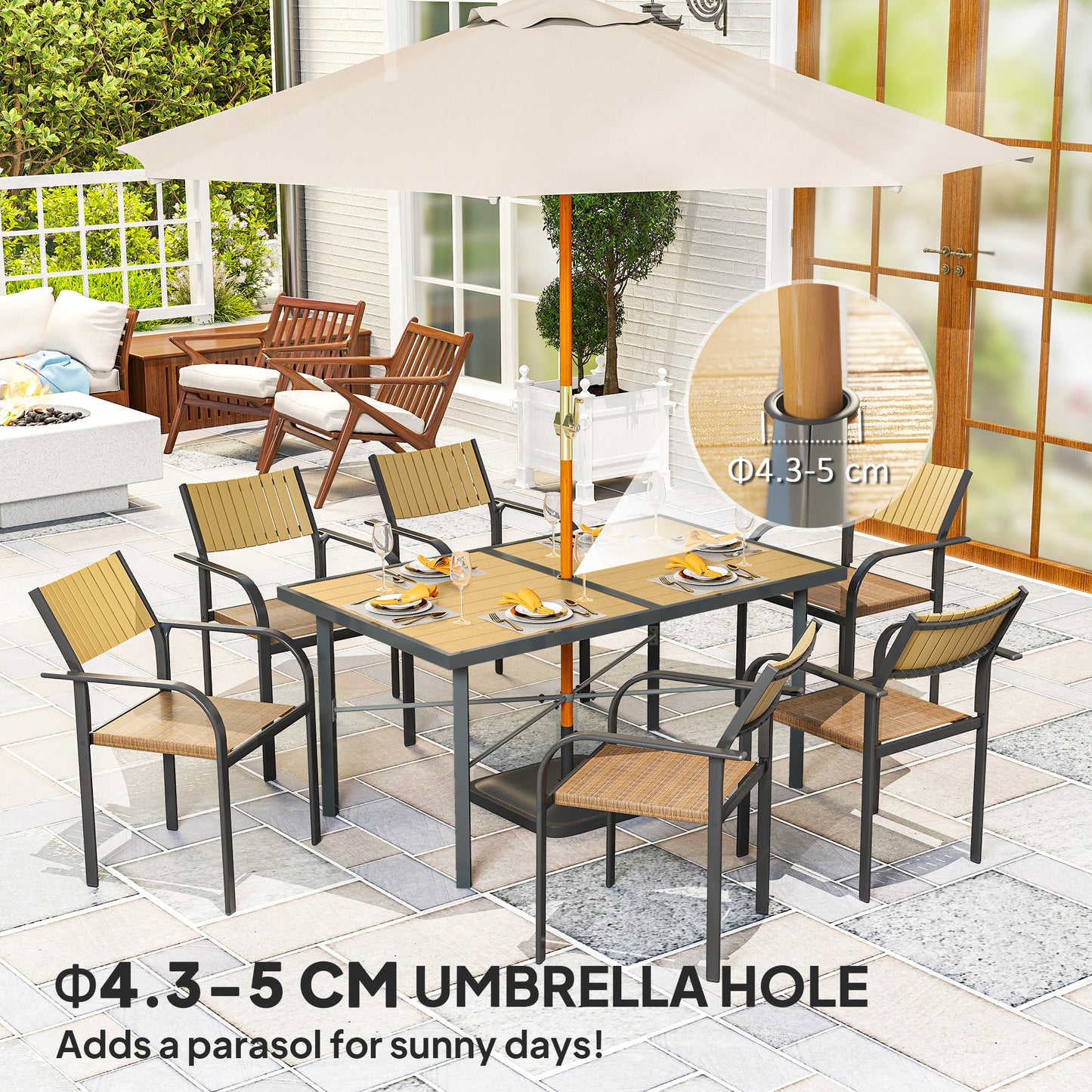 Outsunny 6 Seater Outdoor Dining Table 150 cm With Wood Effect Top Umbrella Hole Rust Resistant Frame Wood Finish