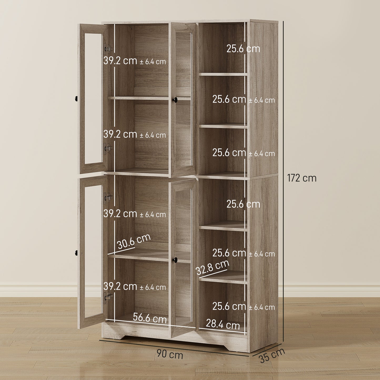 Homcom Multi Storage Kitchen Cabinet With Glass Doors Grey Wood Effect Soft Close Hinges Adjustable Shelves