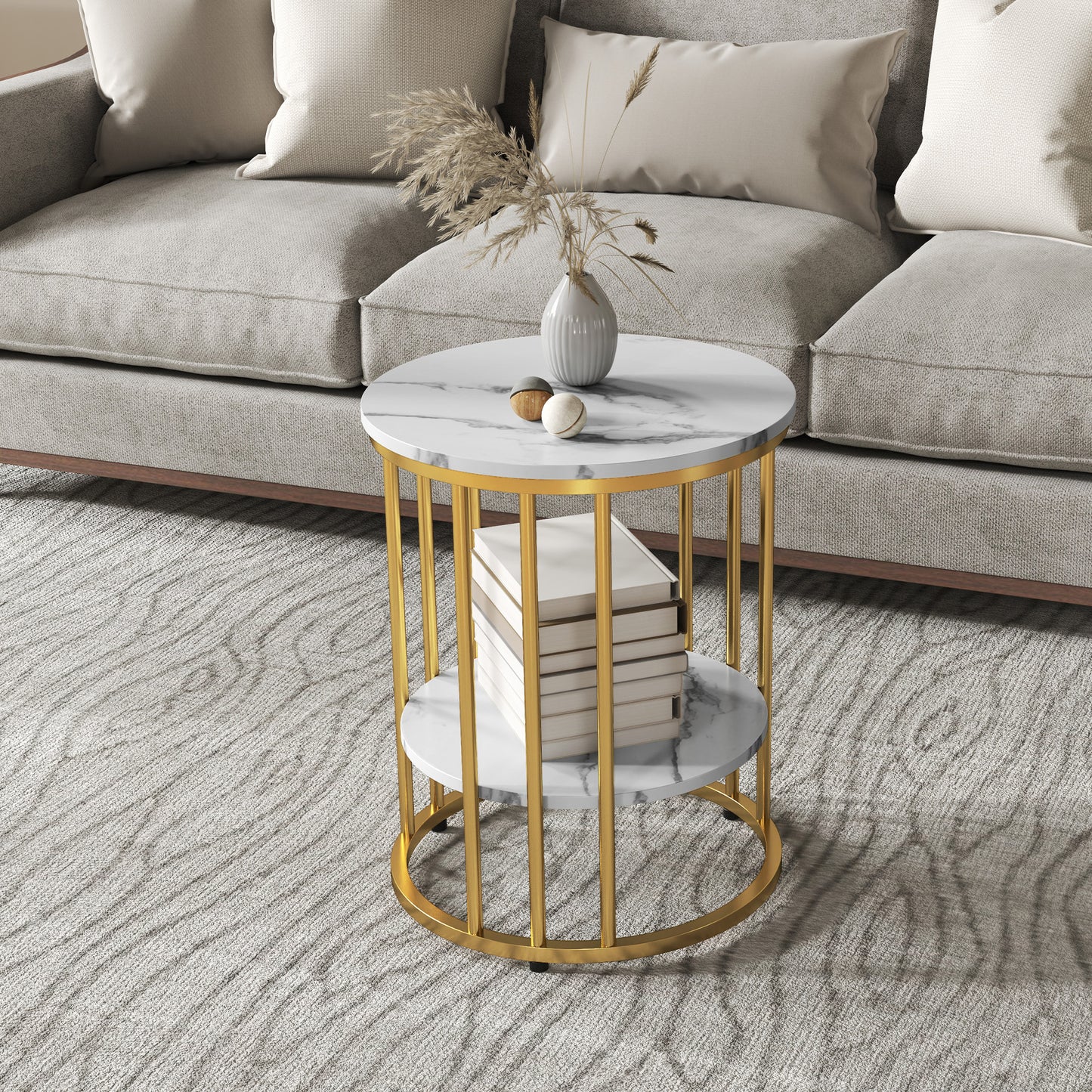 HOMCOM Marble Effect Coffee Table Set White And Gold Tone Two Piece With Two Tier Design