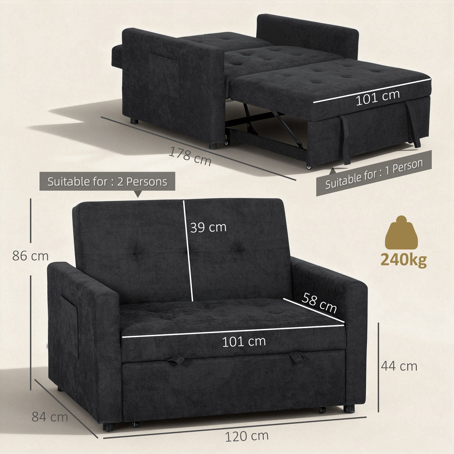 HOMCOM Loveseat Sofa Bed Convertible Settee With 2 Pillows And Side Pockets Black