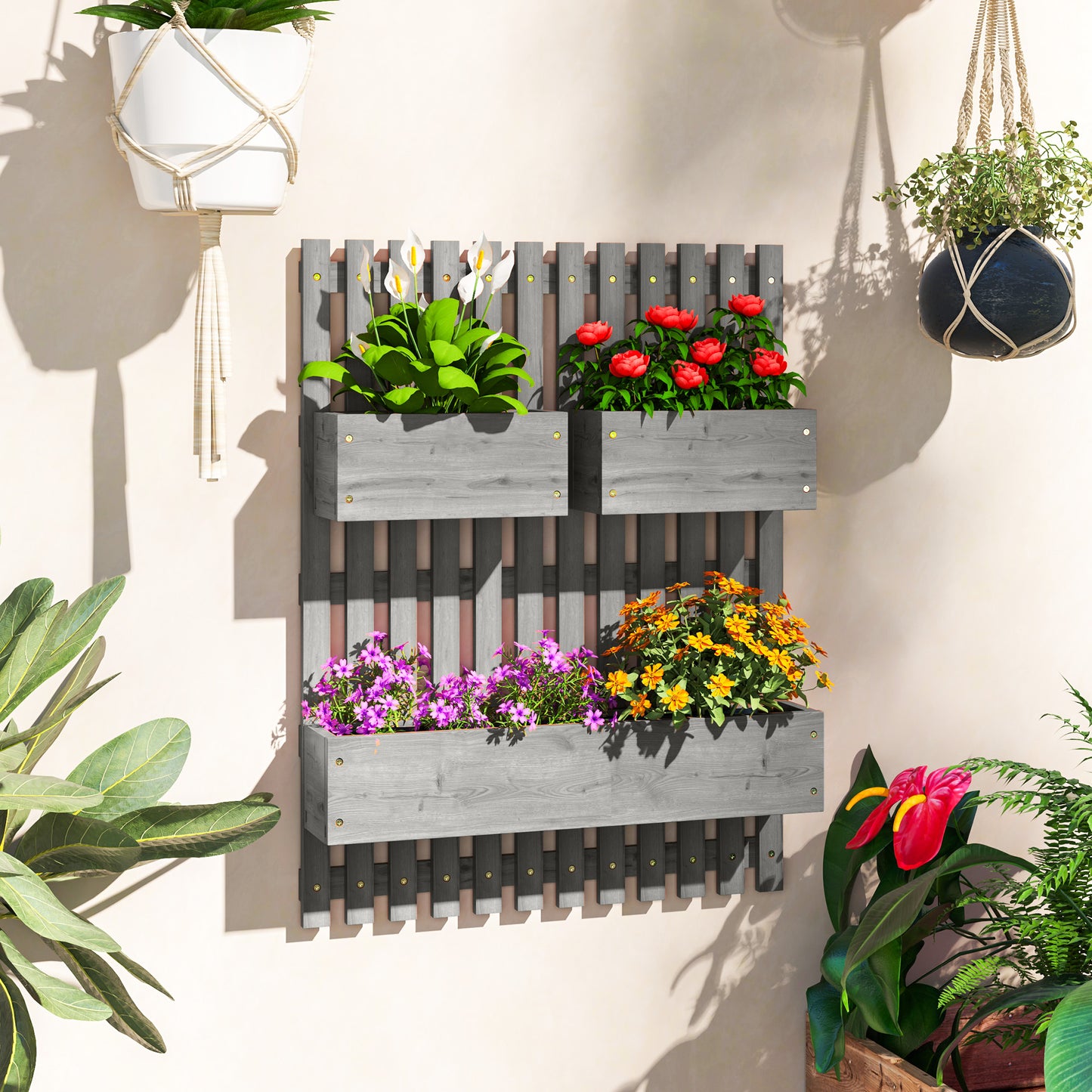 Outsunny Wall Mounted Wooden Garden Planters With Trellis And Drainage Holes Three Planter Boxes For Patio Grey