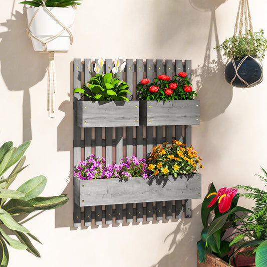Outsunny Wall Mounted Wooden Garden Planters With Trellis And Drainage Holes Three Planter Boxes For Patio Grey