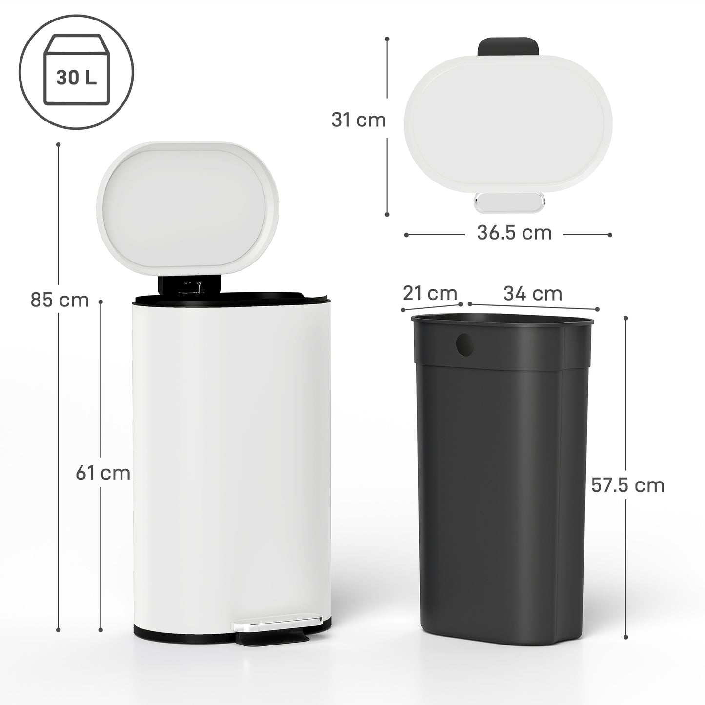 HOMCOM 30 L Modern Curved Kitchen Bin with Silent Soft Close Lid Cream Finish Pedal Operation