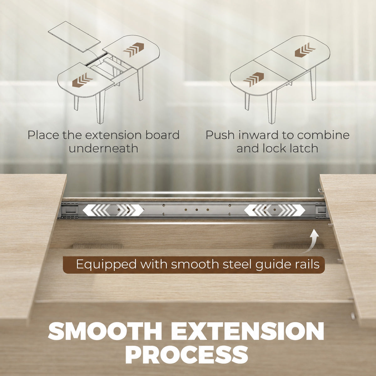 Extendable dining table with sliding extension rails and latch mechanism