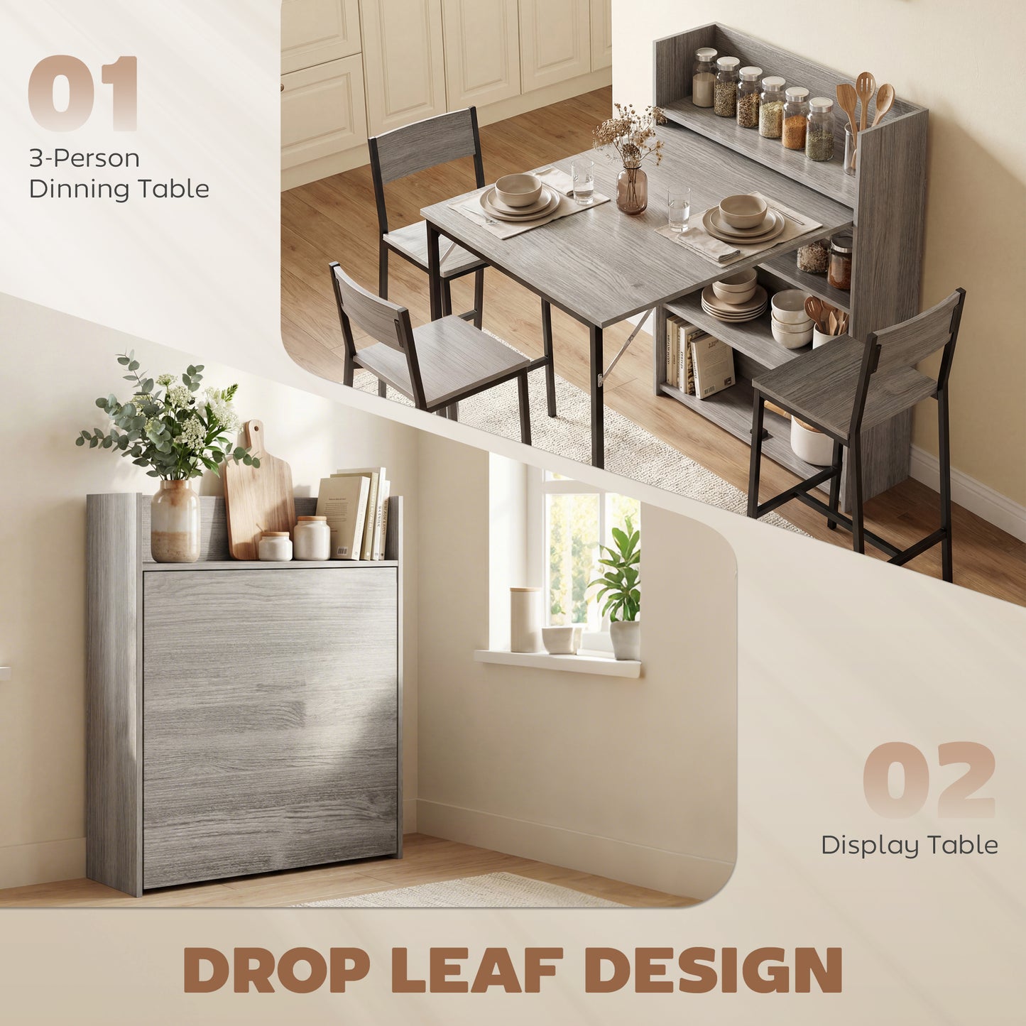 HOMCOM Kitchen Table Folding Dining Table With 4 Tier Shelves Modern Drop Leaf Table Grey Wood Effect