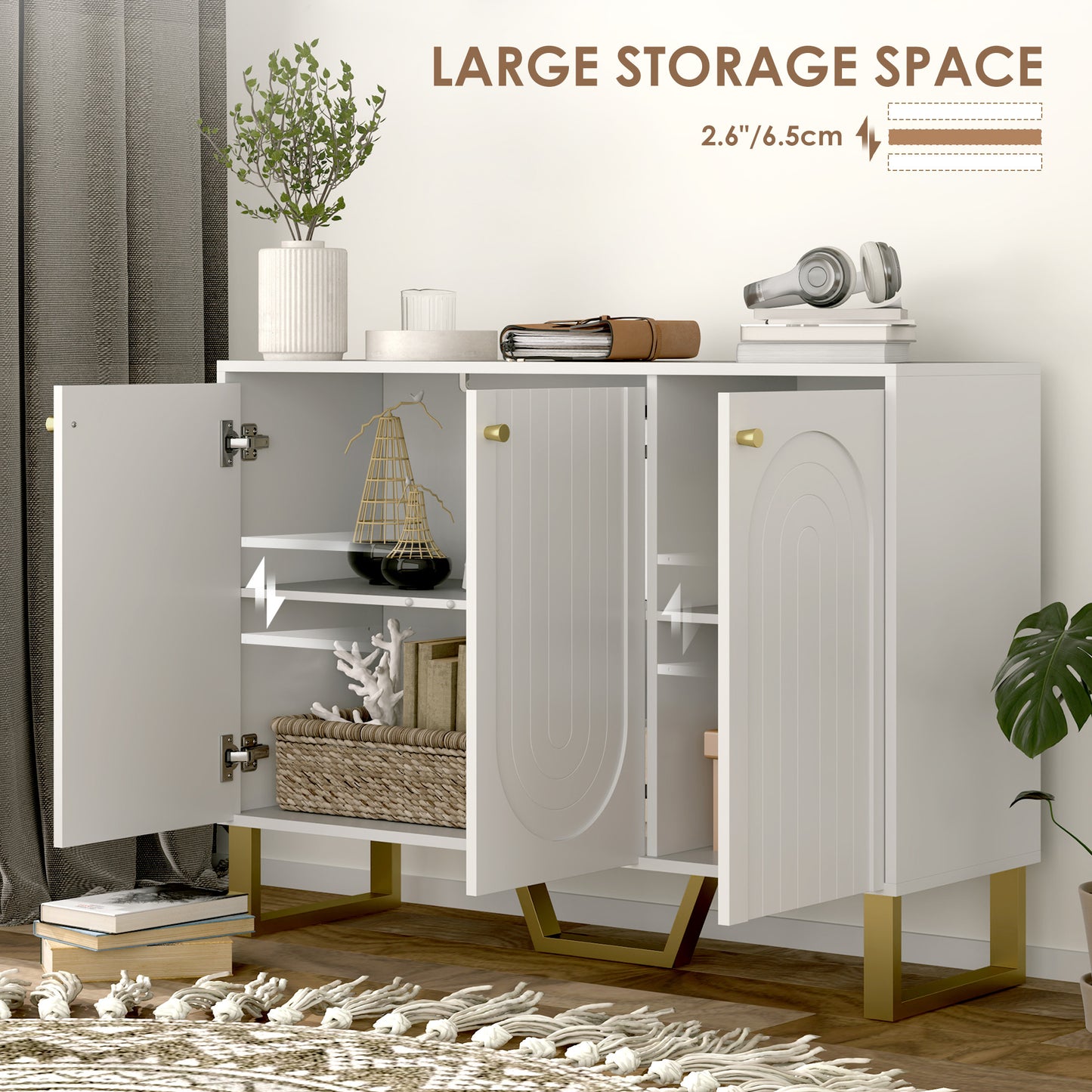 HOMCOM 3 Door Sideboard Storage Cabinet White With Adjustable Shelves Arched Doors And Gold Accents