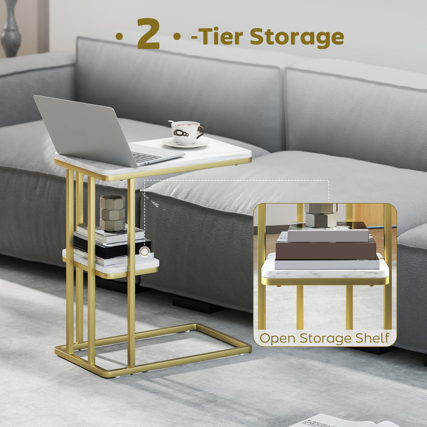 HOMCOM C Shaped Side Table 2 Tier End Table Nightstand for Small Spaces Living Room Bedroom White Marble