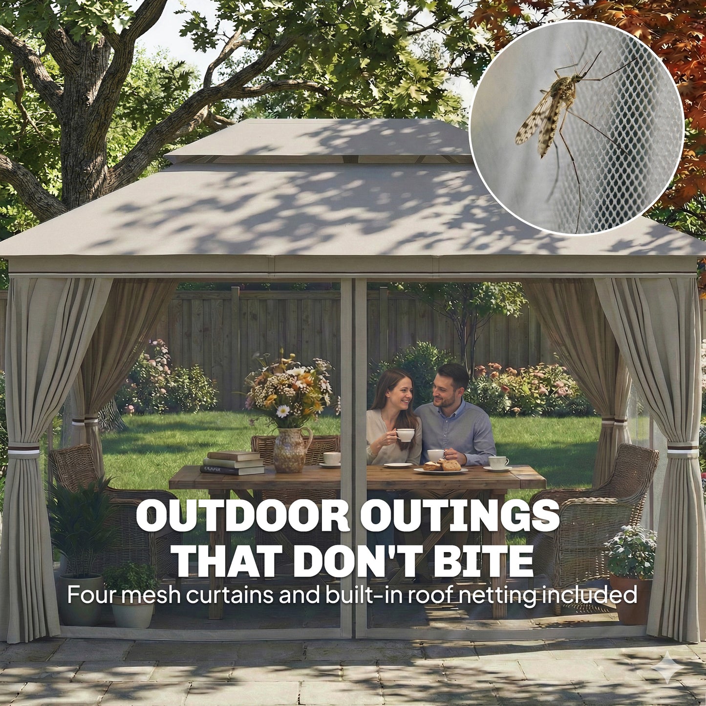 Outsunny 3 x 4 m Outdoor Garden Gazebo Netting Curtains UPF50 Plus Permanent Pavilion Canopy Beige