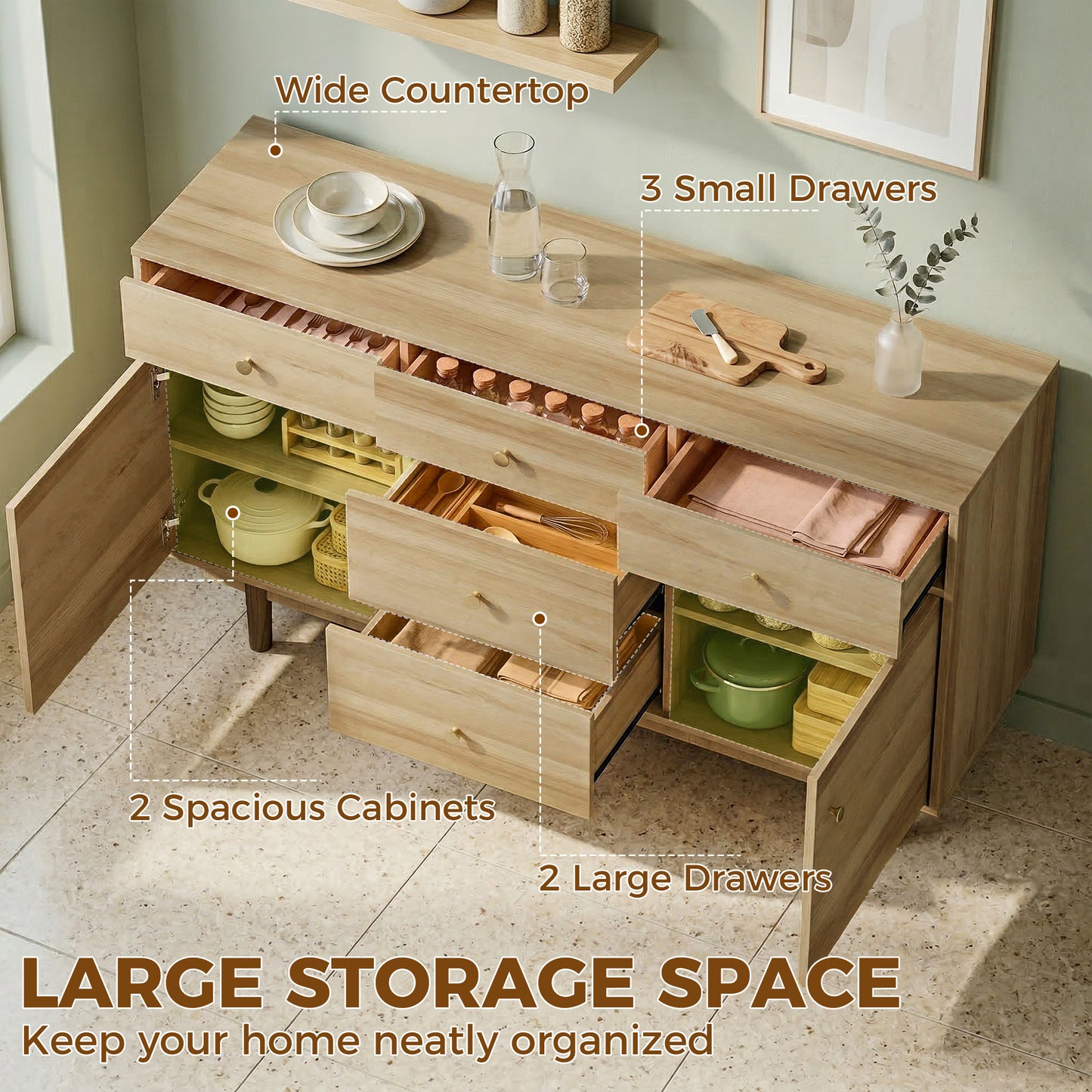 HOMCOM Walnut Sideboard With Five Drawers And Two Cabinets Solid Wood Legs 136 cm Buffet