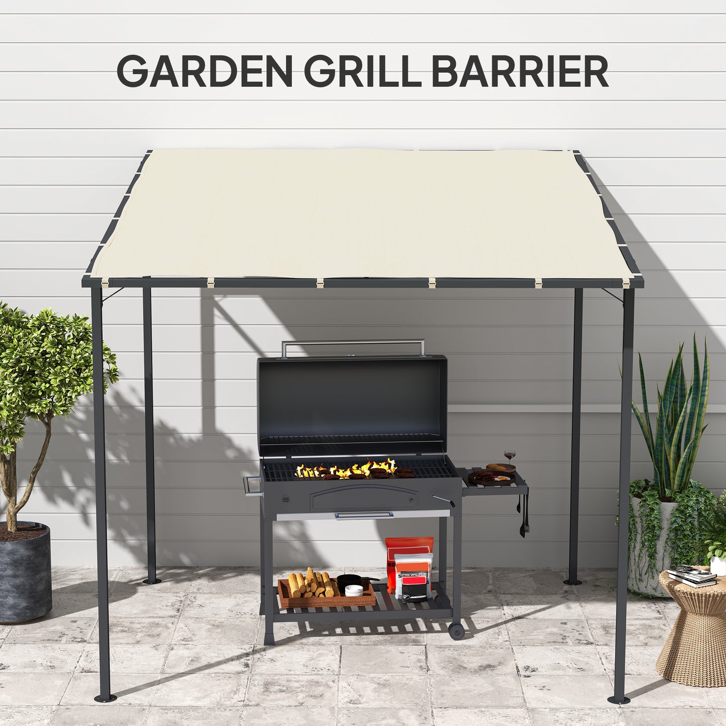 Outsunny 2.4x2.4m Wall Mounted Pergola Gazebo With PA Coated Fabric And Metal Frame Wind Resistant Shelter Cream White