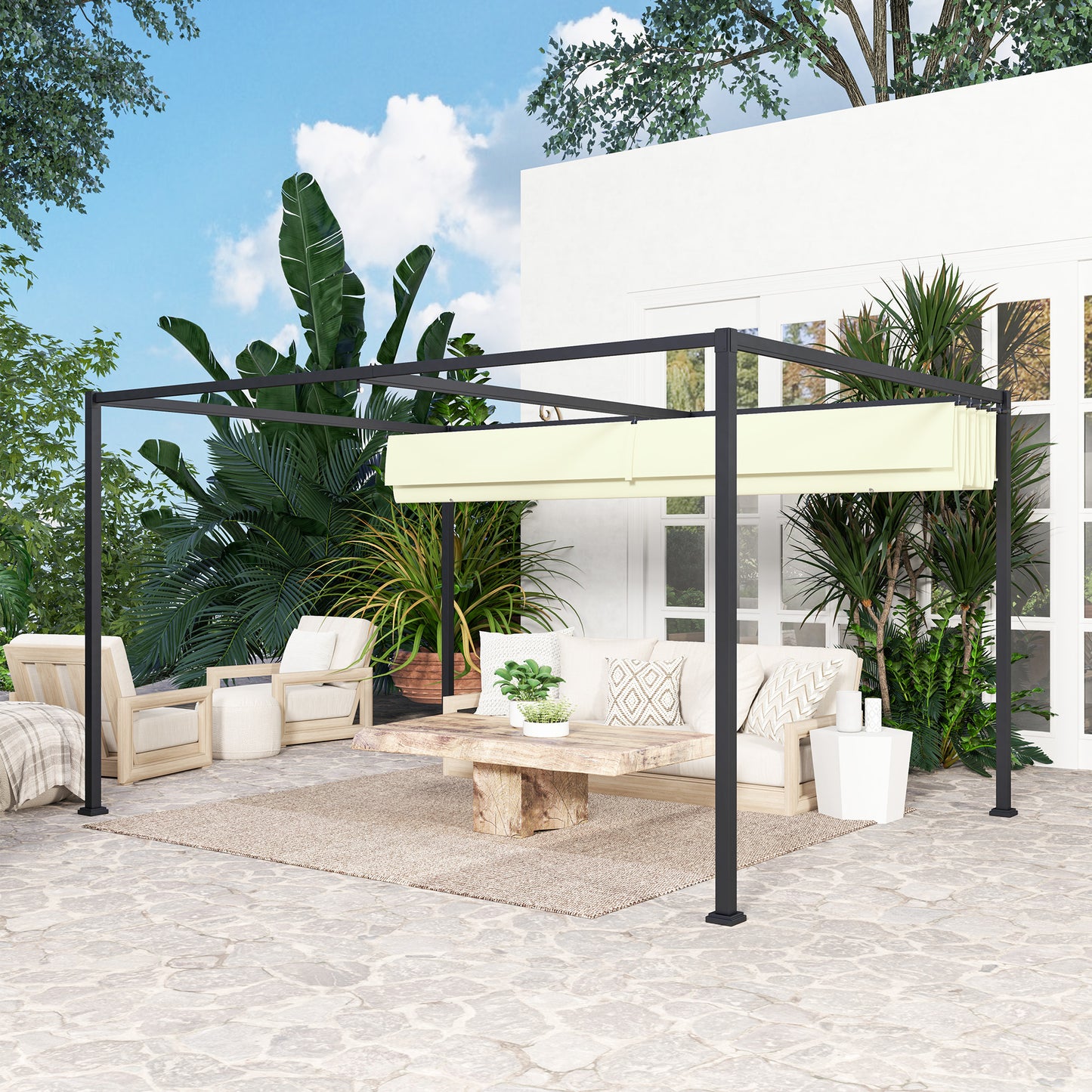 Outsunny 4 X 3 Meters Metal Pergola With Retractable Roof Cream White For Outdoor Patio Garden Gazebo Shelter