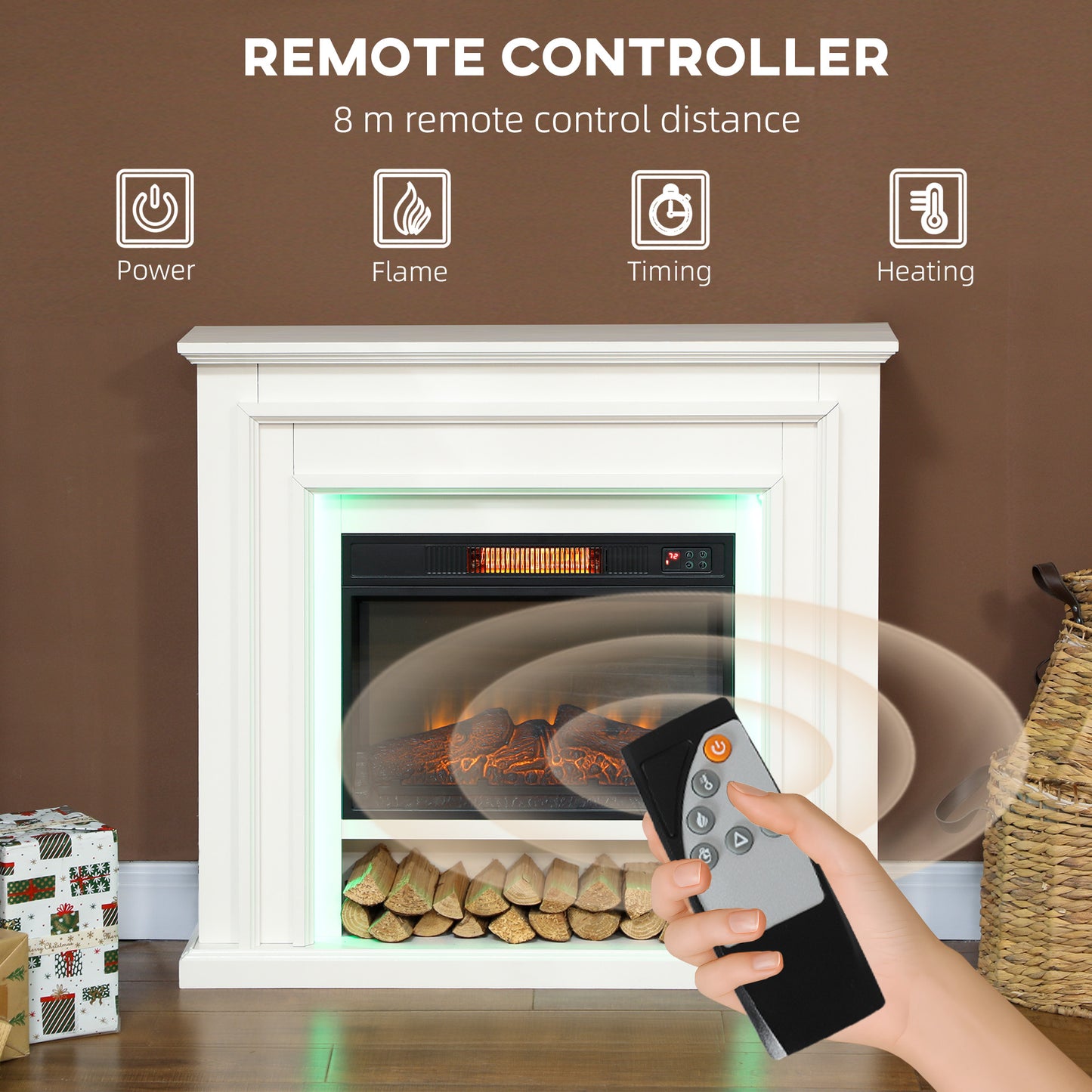 HOMCOM 4777 BTU Multicolour LED Electric Fireplace White Realistic Flame Effect Custom RGB Lighting Thermostat And Timer