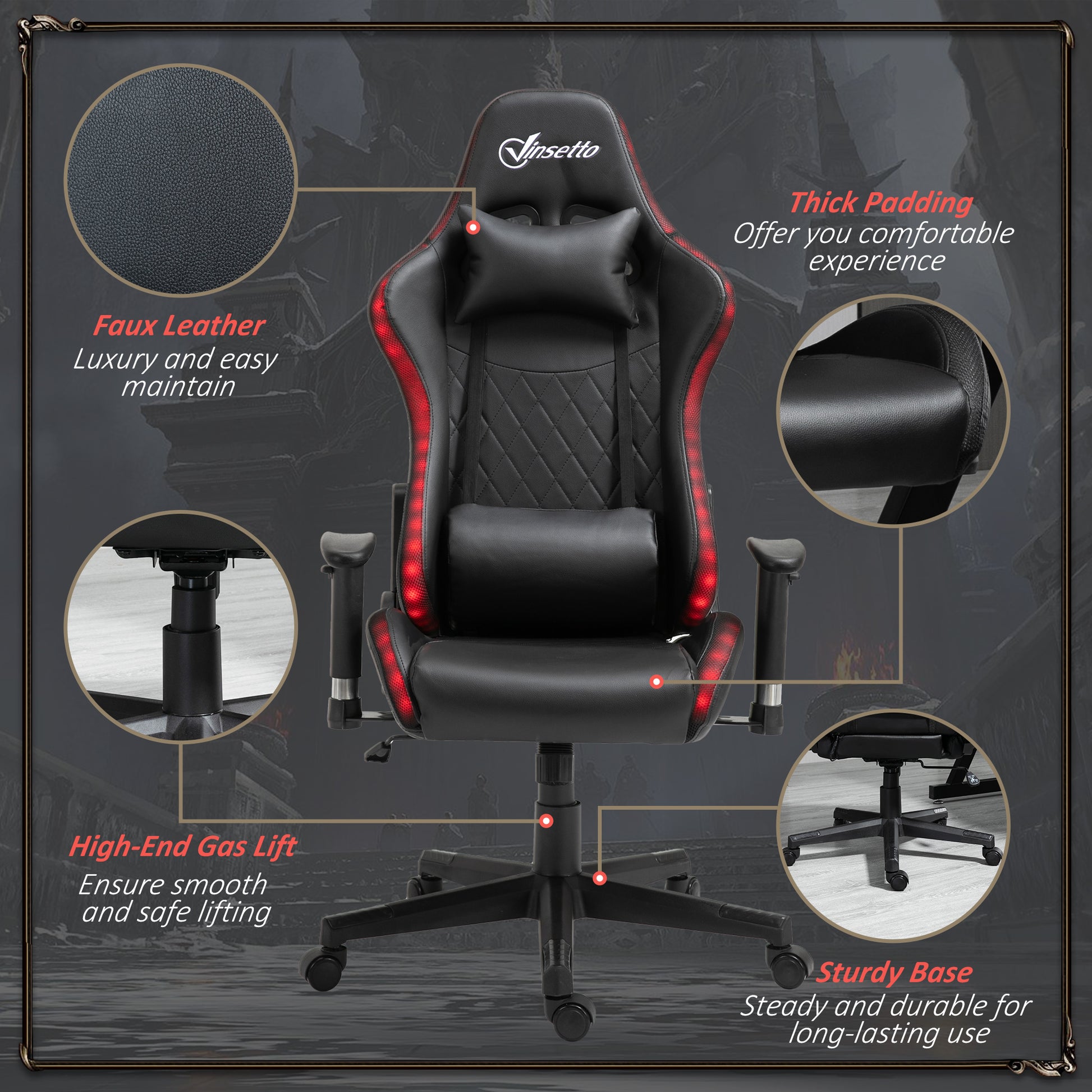 Vinsetto RGB LED Gaming Office Chair with Adjustable Height, 2D Armrests, and Lumbar Support for Ultimate Comfort - ALL4U RETAILER LTD