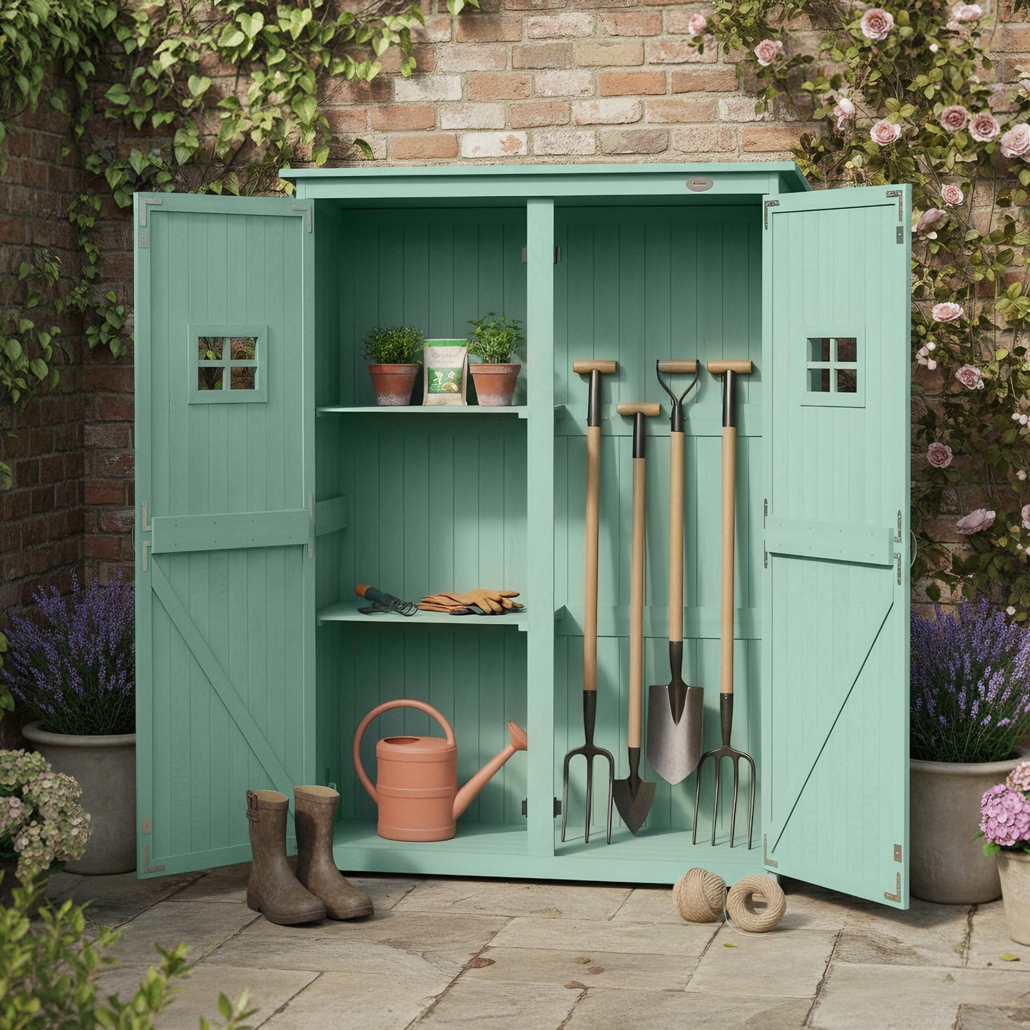 Outsunny Wooden Garden Shed With Two Windows And Double Doors Outdoor Tool Storage Cabinet Green