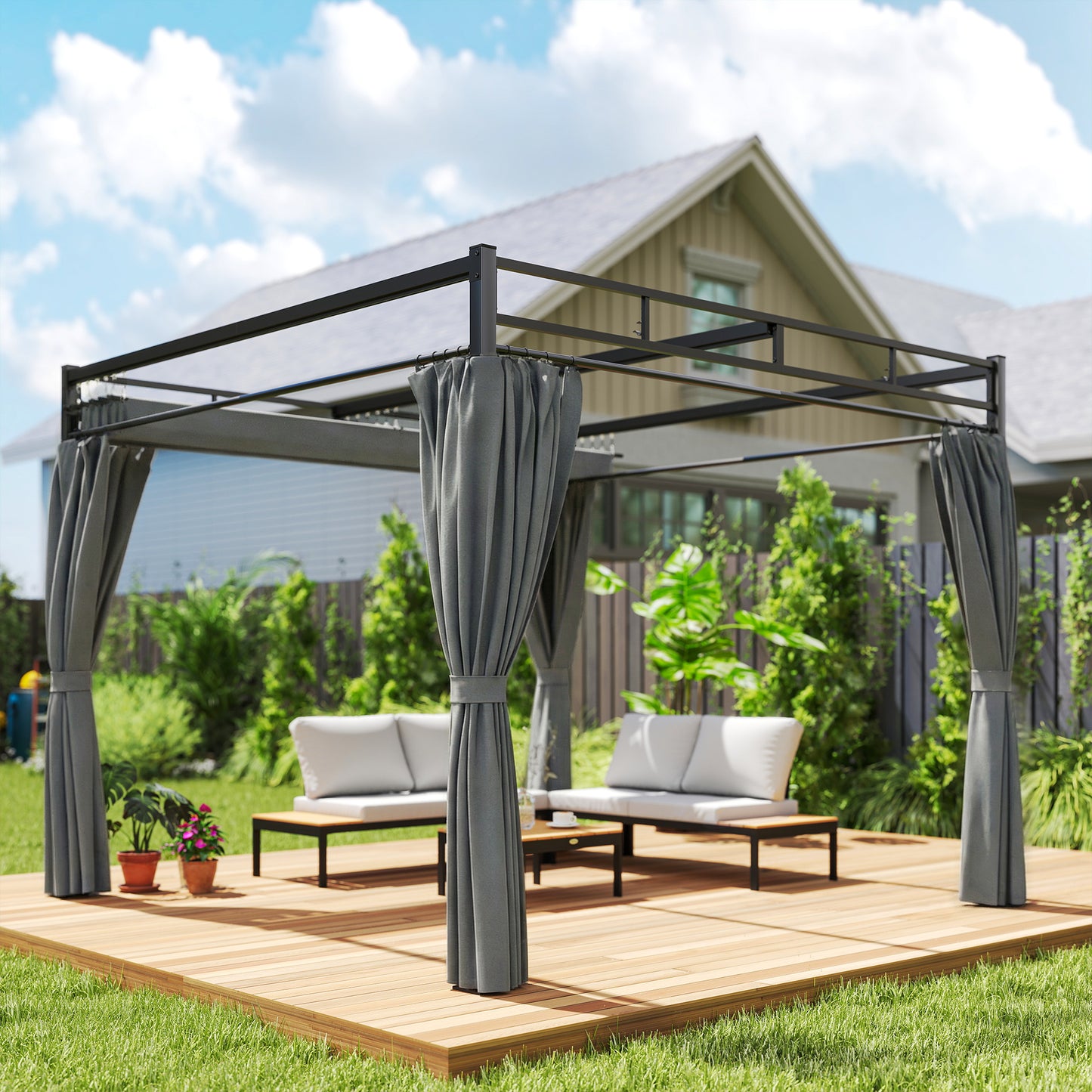 Outsunny 3x3 m Pergola With Retractable Roof Canopy And Curtains UPF30+ Metal Frame Garden Gazebo Sun Shade Dark Grey