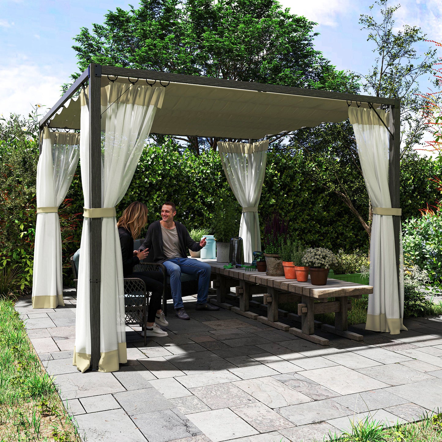 Outsunny 3 x 3m Aluminium Frame Pergola With Retractable Roof For Outdoor Shade Shelter Khaki