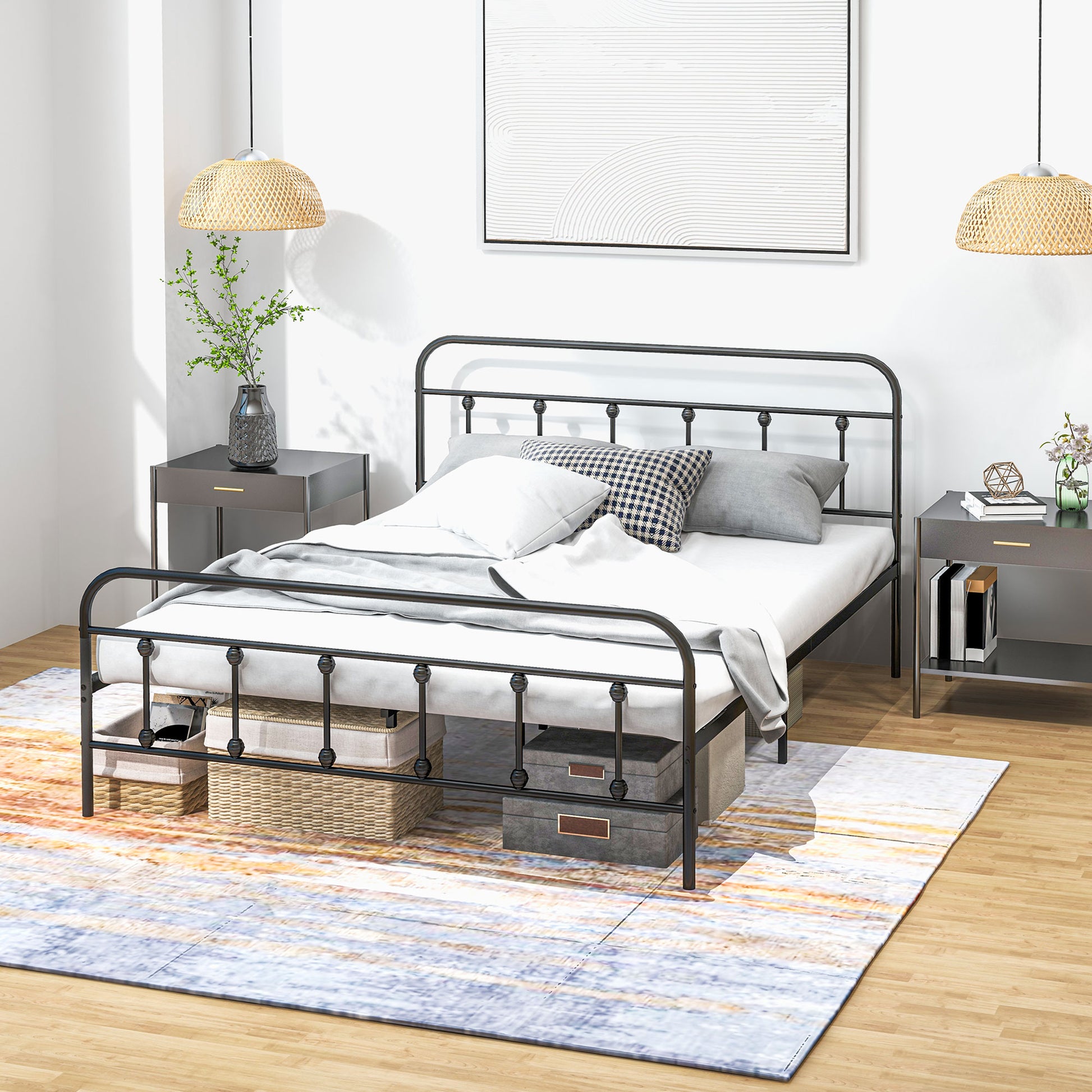 HOMCOM Modern Black 4ft Double Bed Frame with Tall Headboard and Underbed Storage – Easy Assembly, No Box Spring Required - ALL4U RETAILER LTD