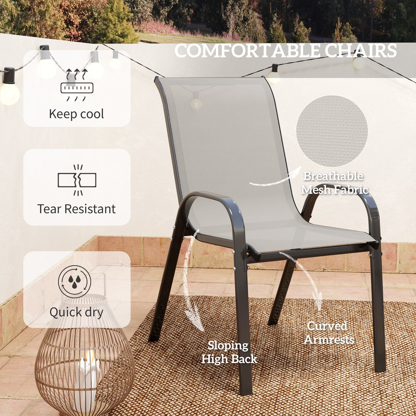 Outsunny Three Piece Outdoor Garden Set In Light Grey With Round Table And Stackable Chairs For Patio And Garden