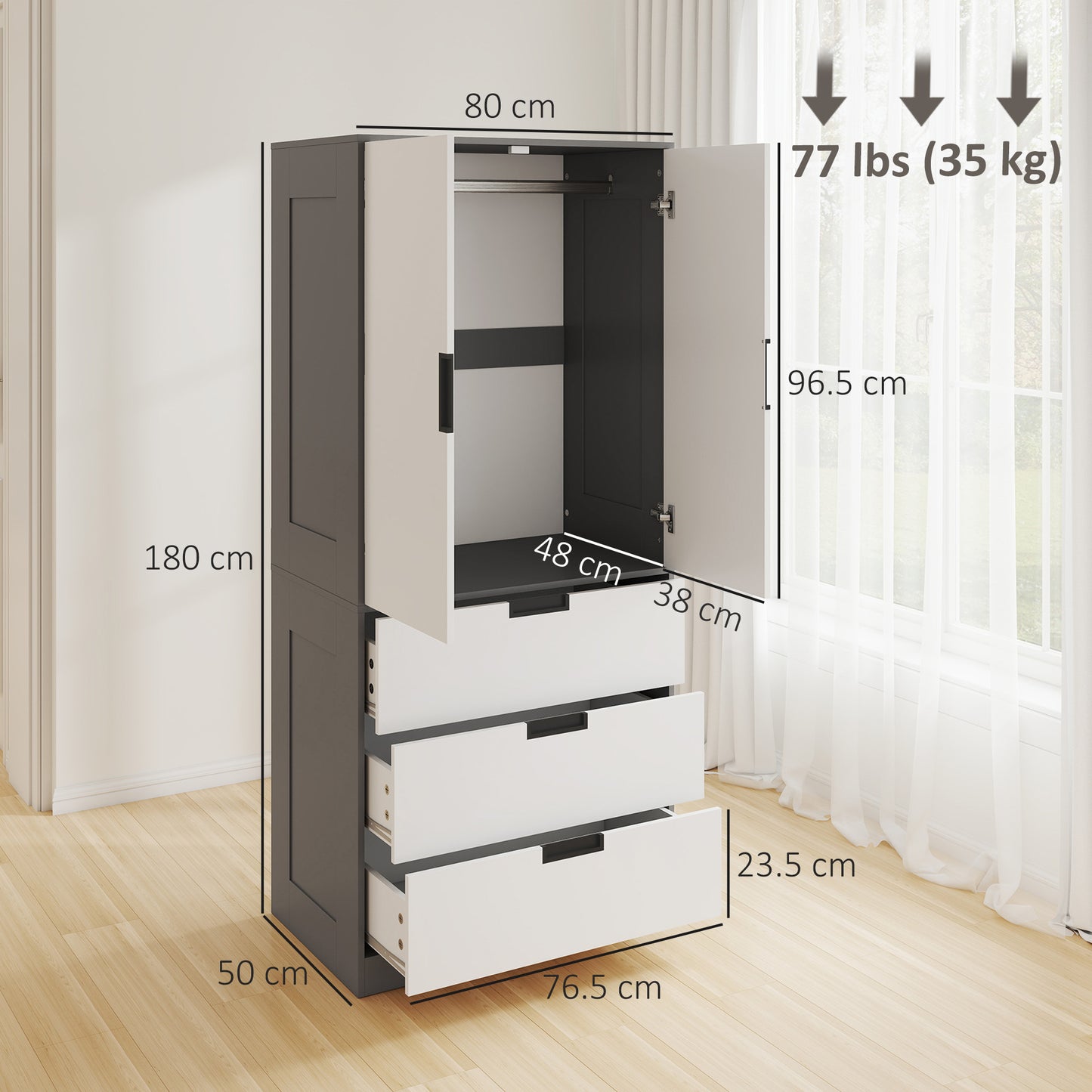 HOMCOM Modern Clothes Storage Cupboard Unit With Hanging Rod 2 Doors And 3 Drawers Grey Wardrobe