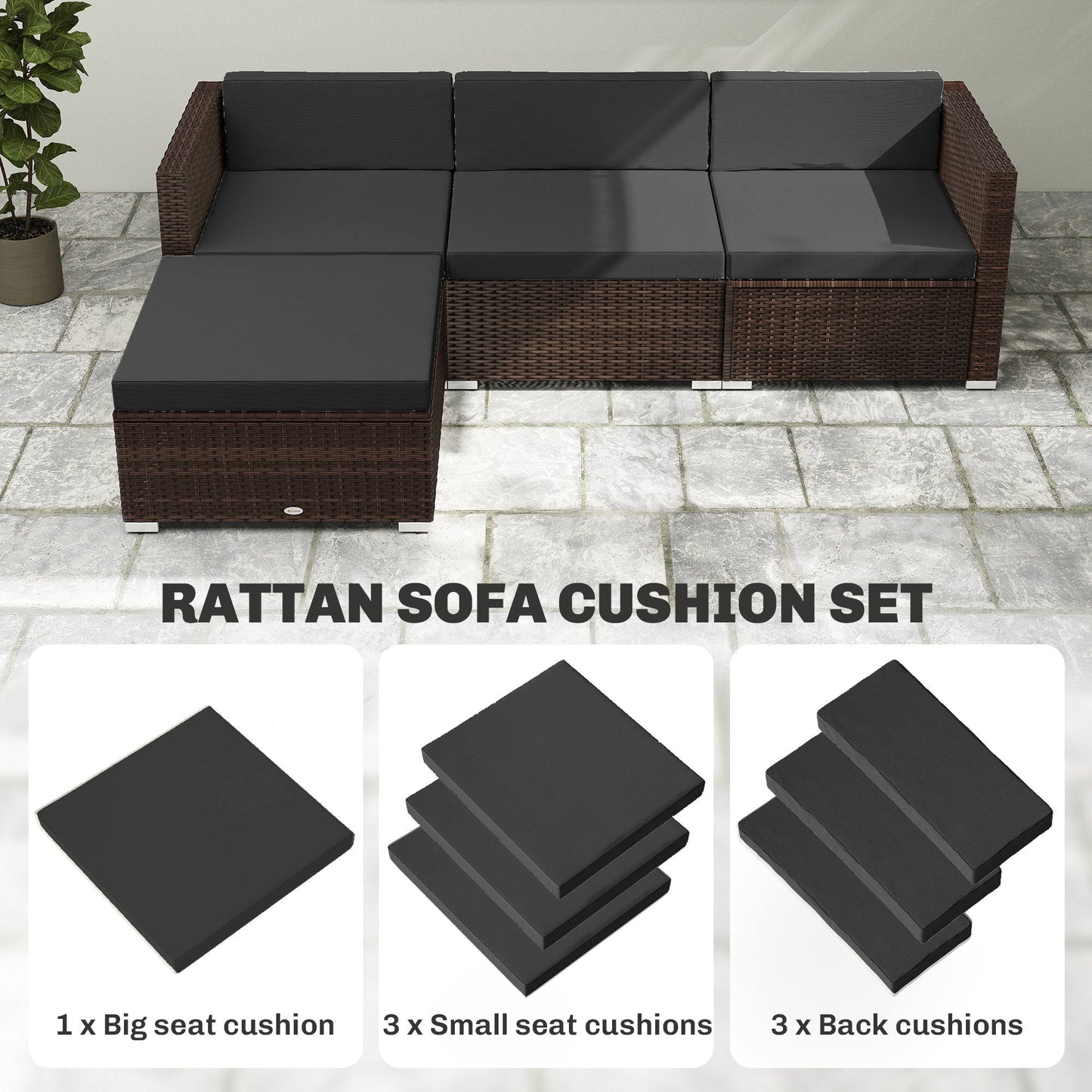 Outsunny 7 Piece Patio Furniture Cushions Outdoor Loveseat Cushion with Removable Covers for Rattan 60x60 cm Black