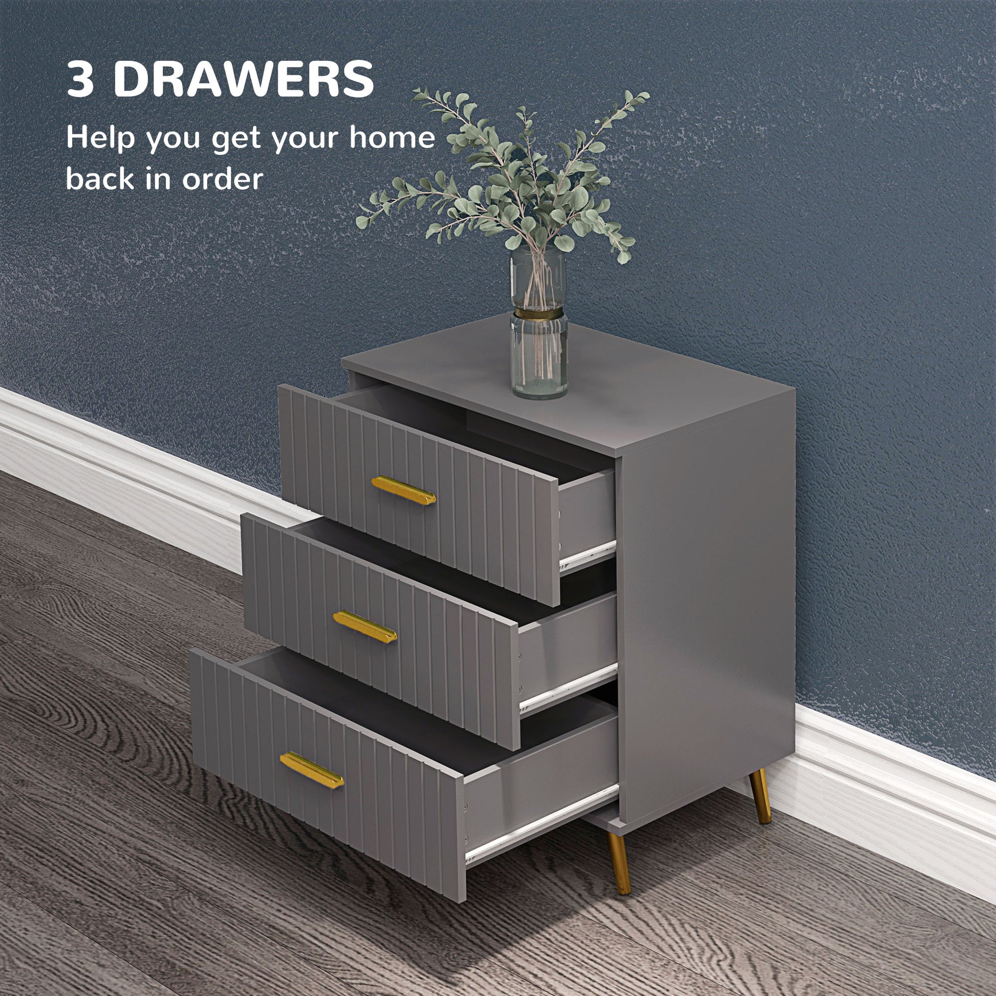 HOMCOM Modern Dark Grey 3-Drawer Dresser with Gold Accents and Aluminium Legs - ALL4U RETAILER LTD