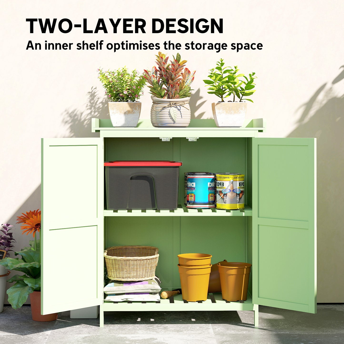 Outsunny Wooden Garden Shed For Tool Storage With Hinged Roof And Shelf Double Doors Light Green
