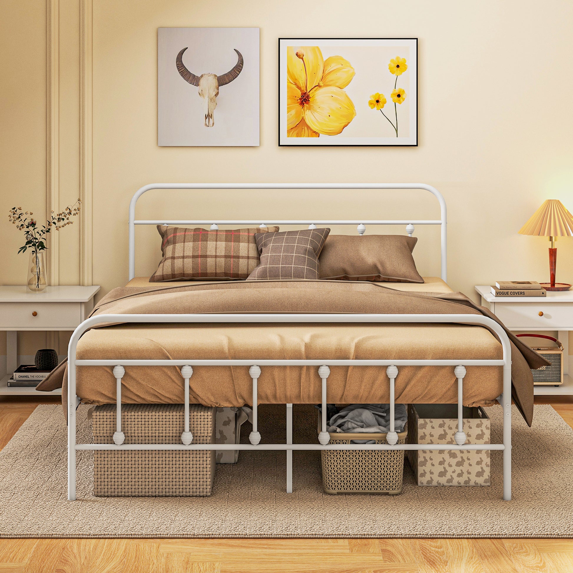 HOMCOM 4ft Minimalist Double Bed Frame with Storage and High Headboard - White Steel Slat Design, No Box Spring Needed, Easy Assembly - ALL4U RETAILER LTD