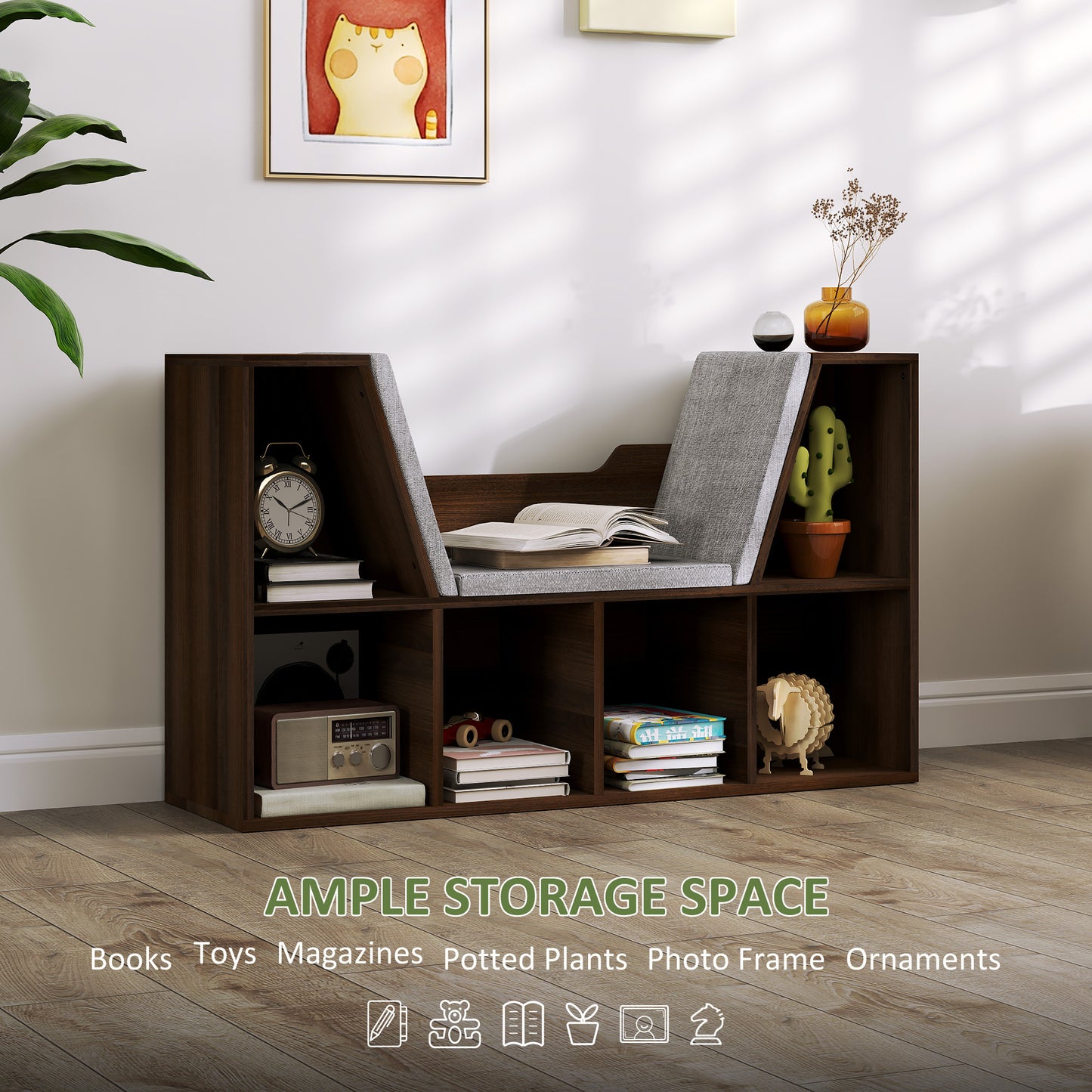 HOMCOM Cube Bookshelf Organizer With Cushioned Reading Seat Storage Shelf Chestnut For Bedroom And Living Room