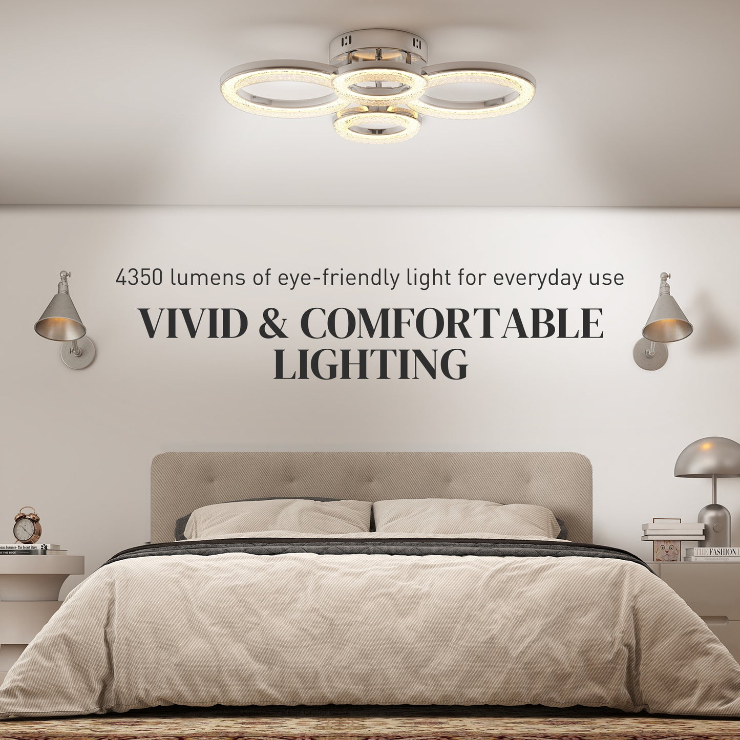 HOMCOM LED Ceiling Light 4 Ring Flush Mount With Wall Switch Control 40W 4350lm 3500K 4500K 6000K Silver