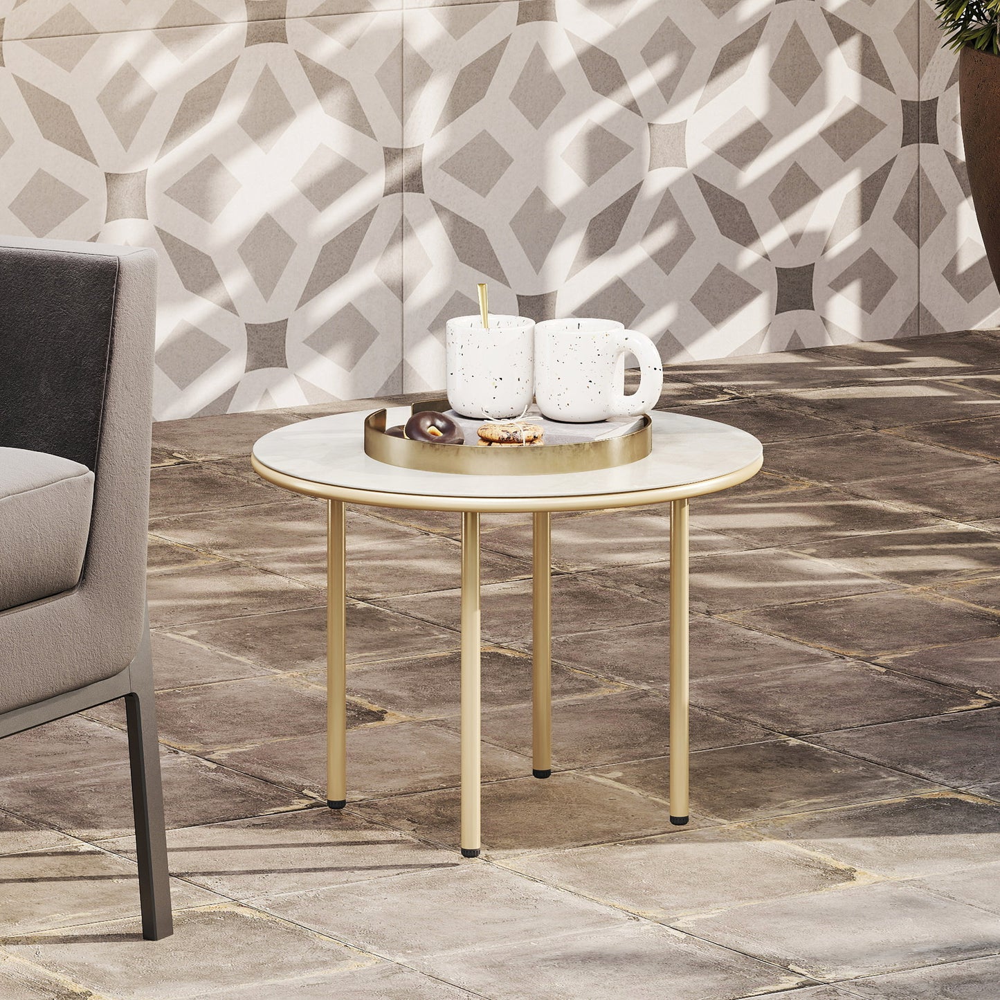 Outsunny Round Coffee Table With Faux Marble Top And Tempered Glass Steel Frame End Side Table For Living Room Beige