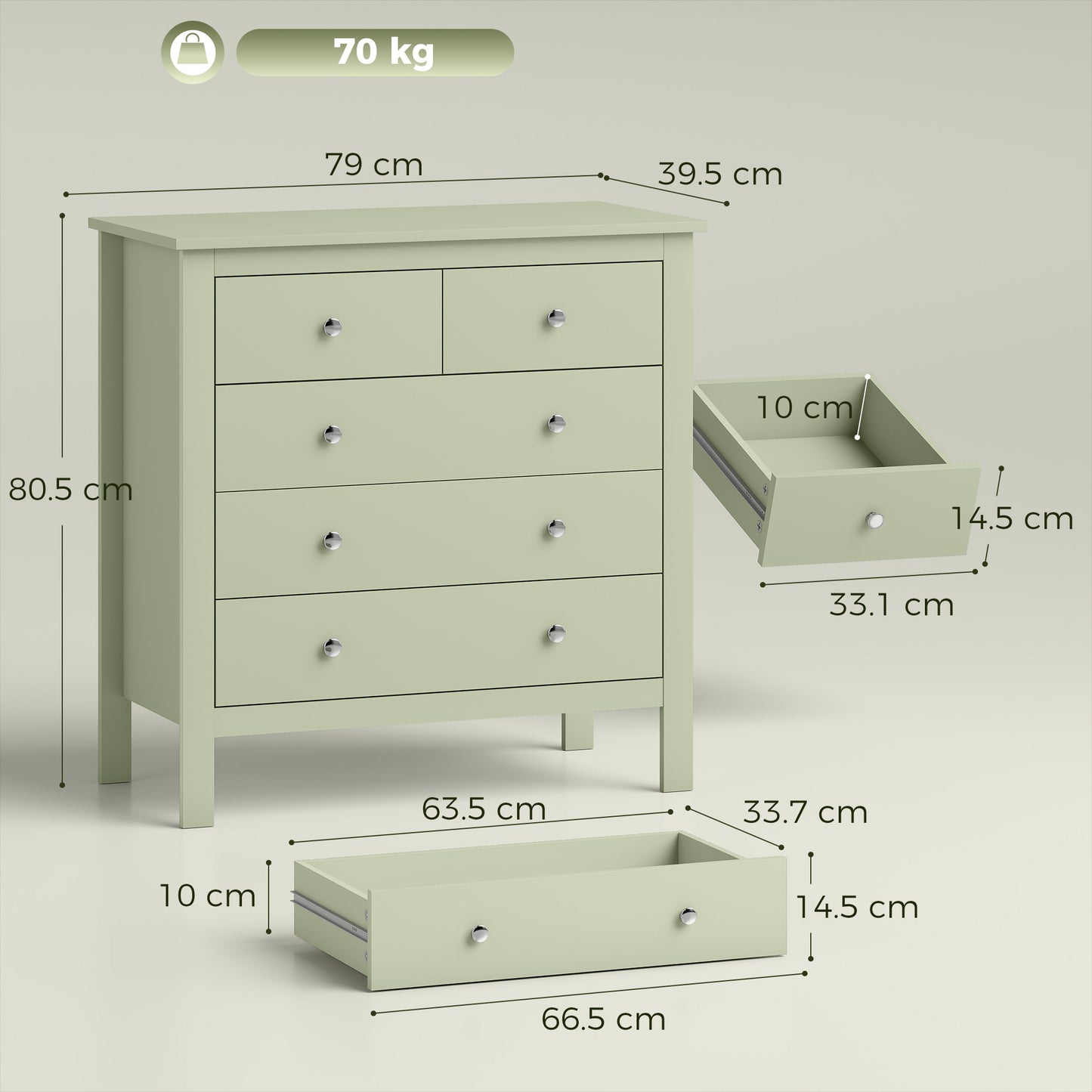 HOMCOM 5 Drawer Dresser Sage Green Modern Chest Of Drawers Wide Storage Unit For Bedroom Living Room Hallway