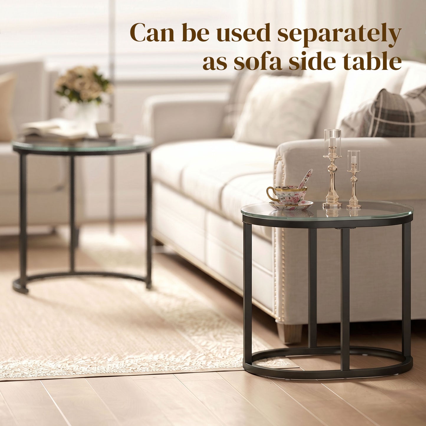HOMCOM Nest of Tables Set of 2 with Steel Frame and Tempered Glass Tabletops Modern Black Coffee Tables