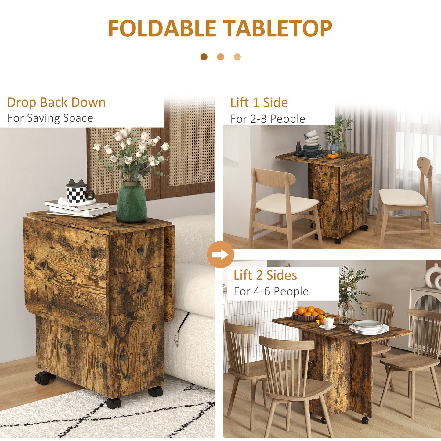 HOMCOM Multi Storage Six Person Drop Leaf Dining Table Rustic Brown With Drawers Shelf And Cabinet